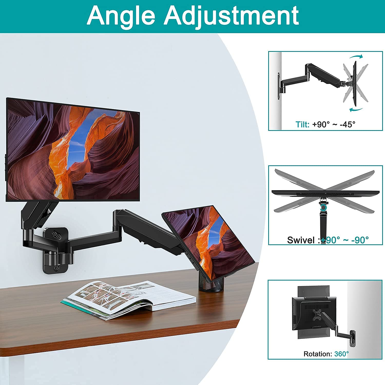 MOUNT PRO Dual Monitor Stand - Adjustable Free Standing & Wall Mount for 2 Screens up to 27 inch - Full Motion Gas Spring Monitor Arm with Height Adjustment - Perfect for Home Office, Gaming Setup & Workspace Ergonomics