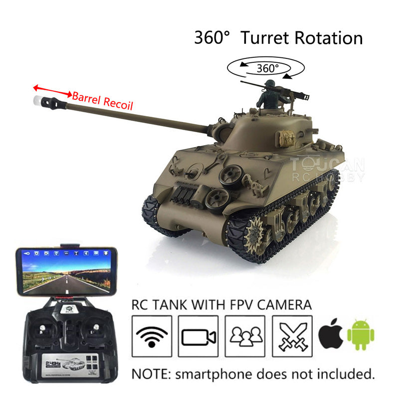 1/16 Henglong Customized M4A3 Sherman RC Tank 3898 - 360° Rotating Turret, FPV Barrel Recoil, Metal Road Wheels & Tracks | Remote Control Military Vehicle for Collectors & Battle Reenactments