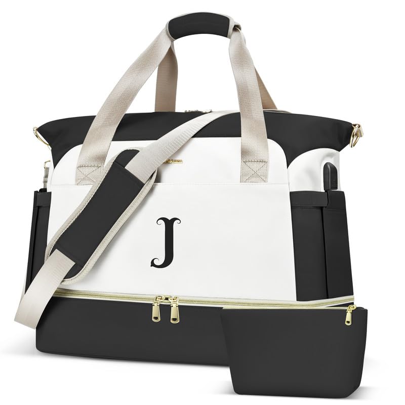 Personalized Initials Women's Travel Duffel Bag with Shoes Compartment & USB Charging Port - Gym Yoga Weekender Overnight Bag for Women - Perfect for Travel, Workouts, Yoga Classes and Weekend Getaways in Beige