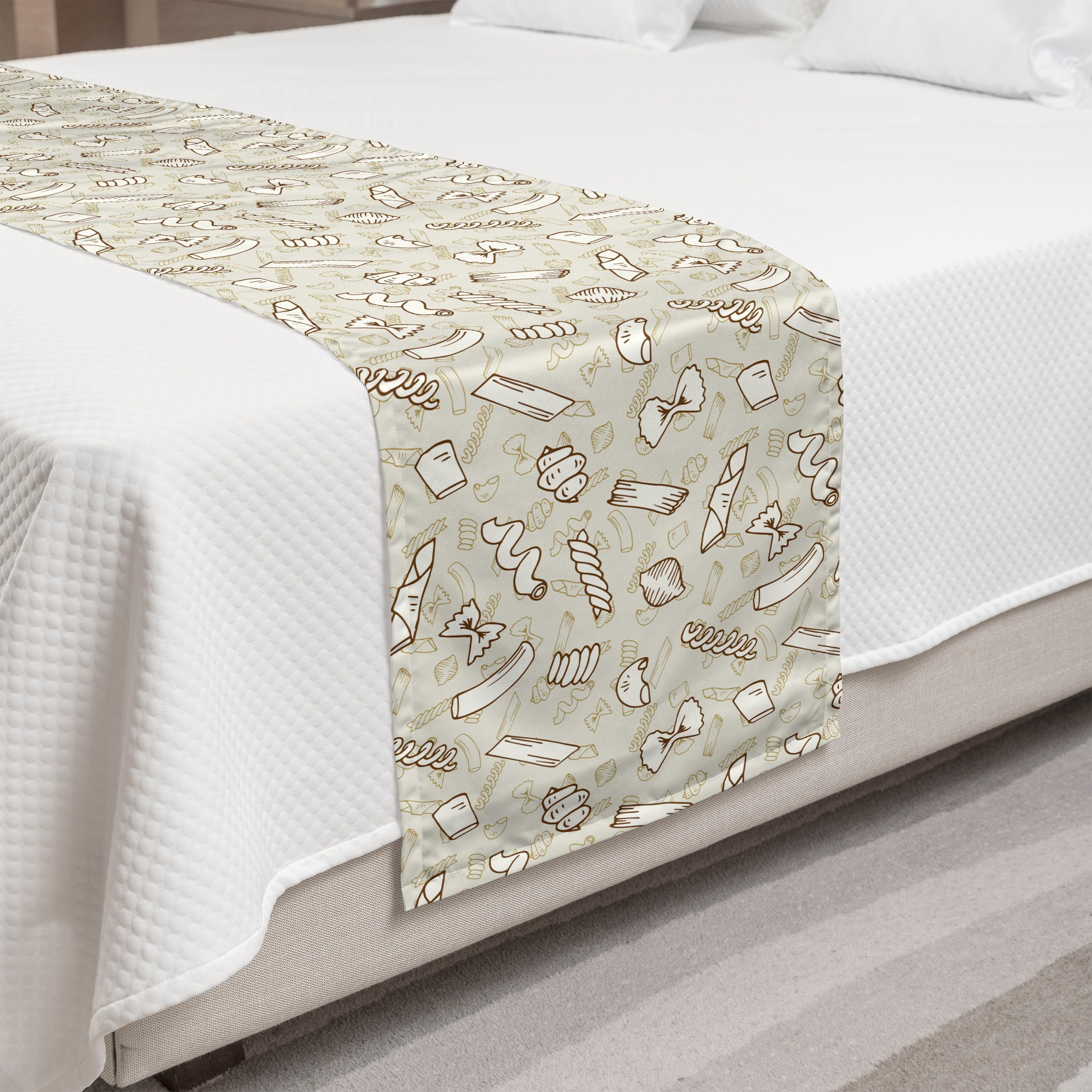 Ambesonne Italian Pasta Pattern Bed Runner - Traditional Cuisine Sketch Design, Decorative Bedding Scarf for Hotels, Homes & Guest Rooms in Eggshell Ivory | Perfect for Dining Room Decor, Kitchen Table Runner & Italian-Themed Bedroom Accent