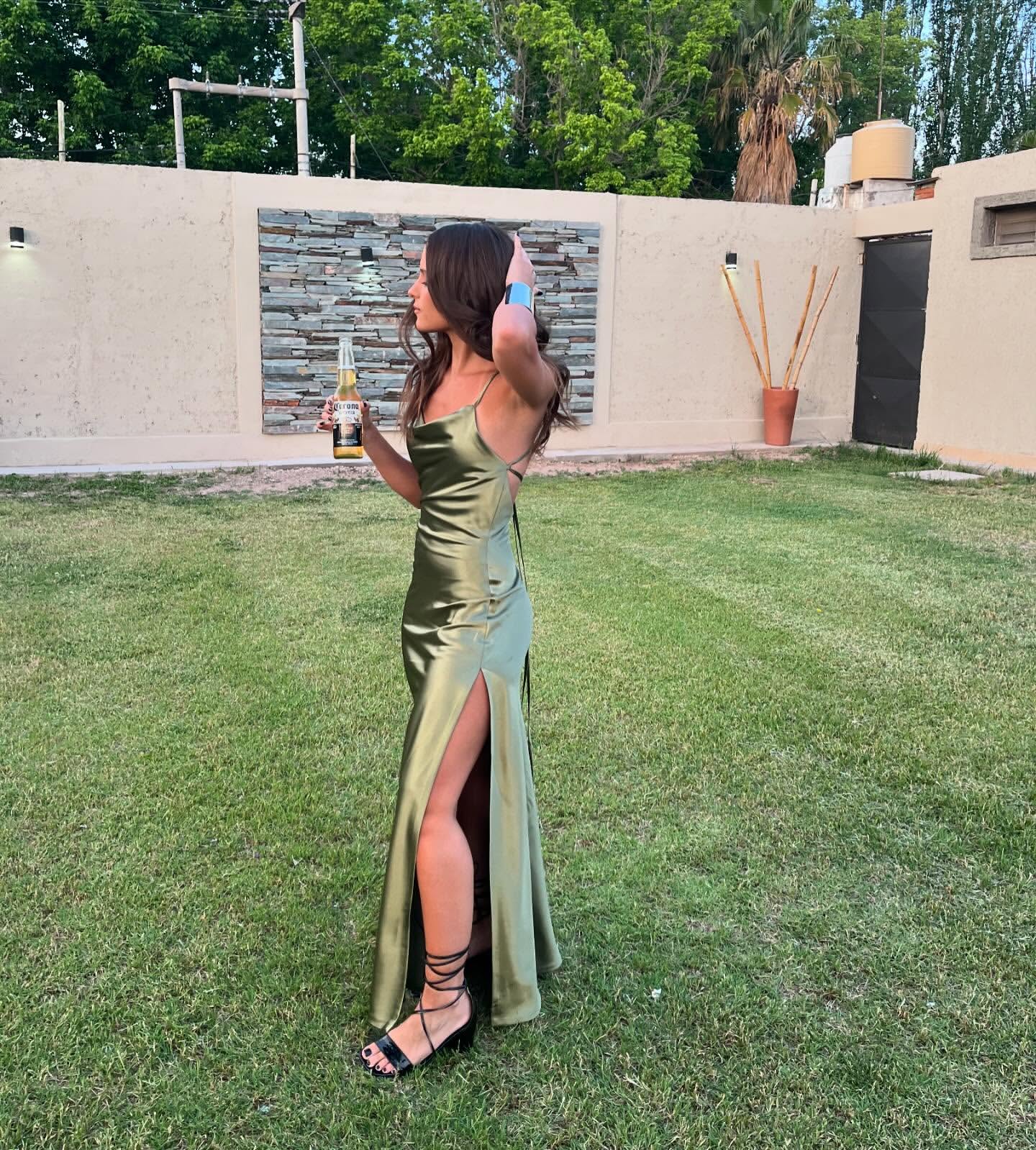 Elegant Green Satin Prom Dress with High Slit - Formal Evening Gown for Bridesmaids & Homecoming (J5900) | Perfect for Weddings, Parties & Special Occasions