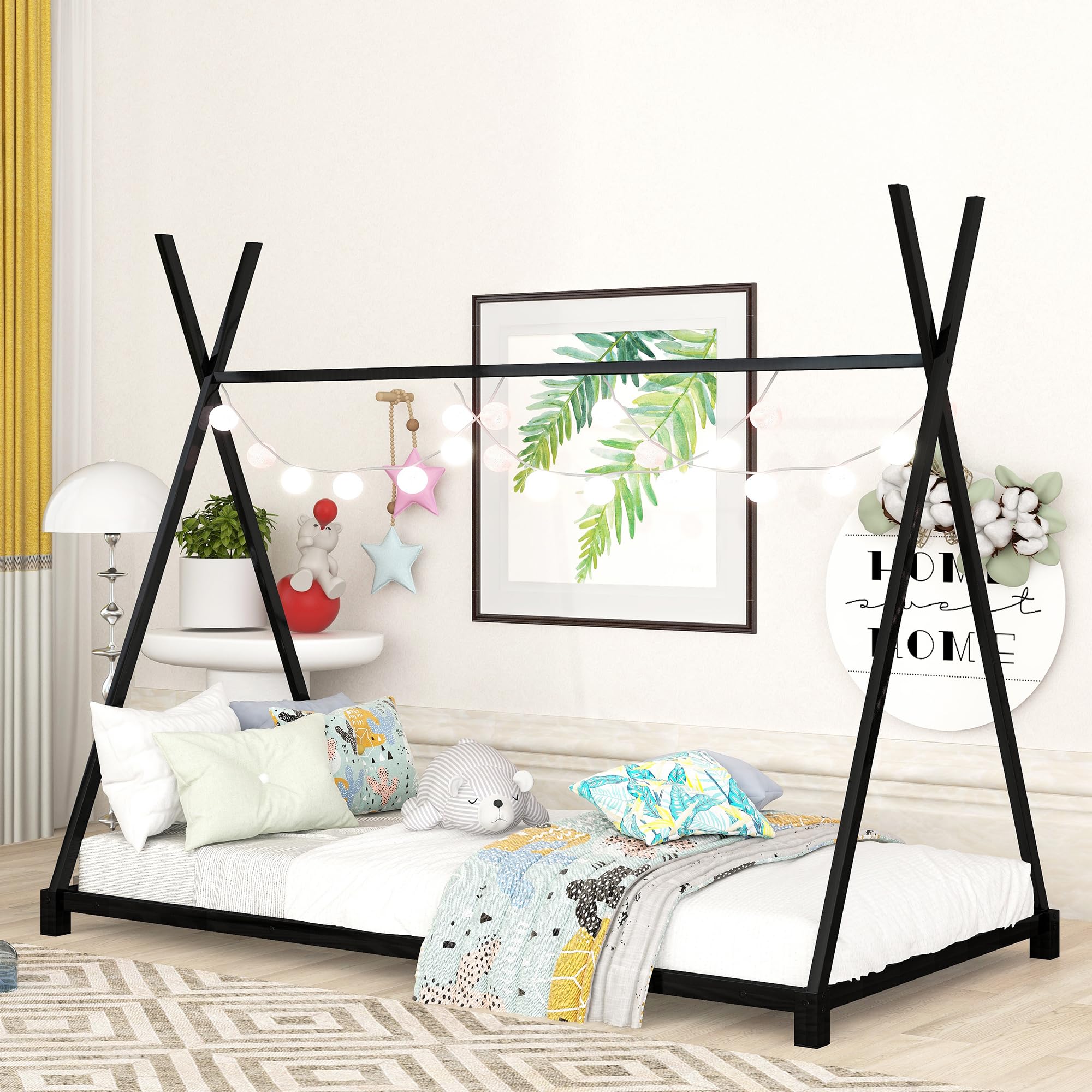 Montessori Floor Bed Frame Twin Size - Sturdy Wooden Twin Floor Bed with Slats & Triangle Structure - Kids House Bed for Boys & Girls - Black - Perfect for Montessori Bedrooms, Daycare Centers & Cozy Kids' Spaces