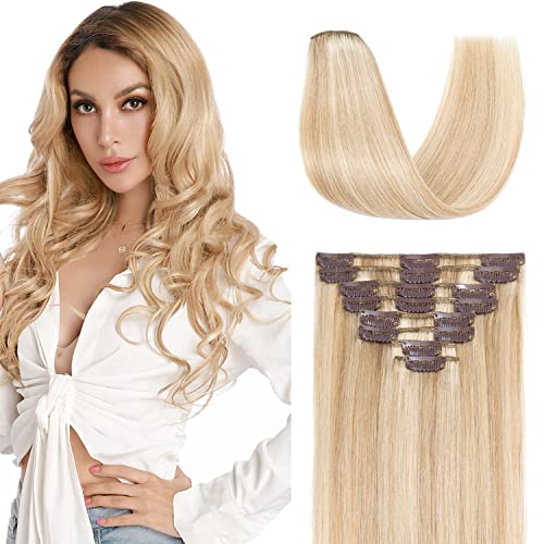 S-noilite 18 Inch Clip in Hair Extensions - Real Human Remy Hair, Balayage Ash Blonde Mixed Bleach Blonde, Natural Straight 8PCS 70g for Women (#18P613) - Perfect for Parties, Weddings & Everyday Styling