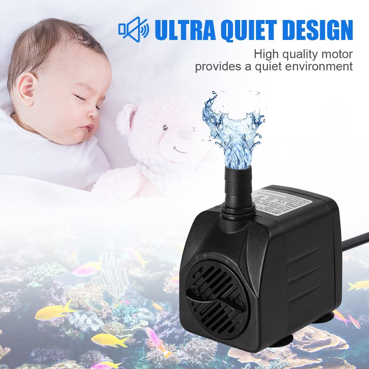 Flintronic Mini Water Pump, 10W 600L/H Submersible Aquarium Pump with 2 Nozzles, Max Height 1.25m, for Fish Tank, Pond Fountain & Hydroponics - EU Plug (Perfect for Small Aquariums, Indoor Water Features & Garden Decor)