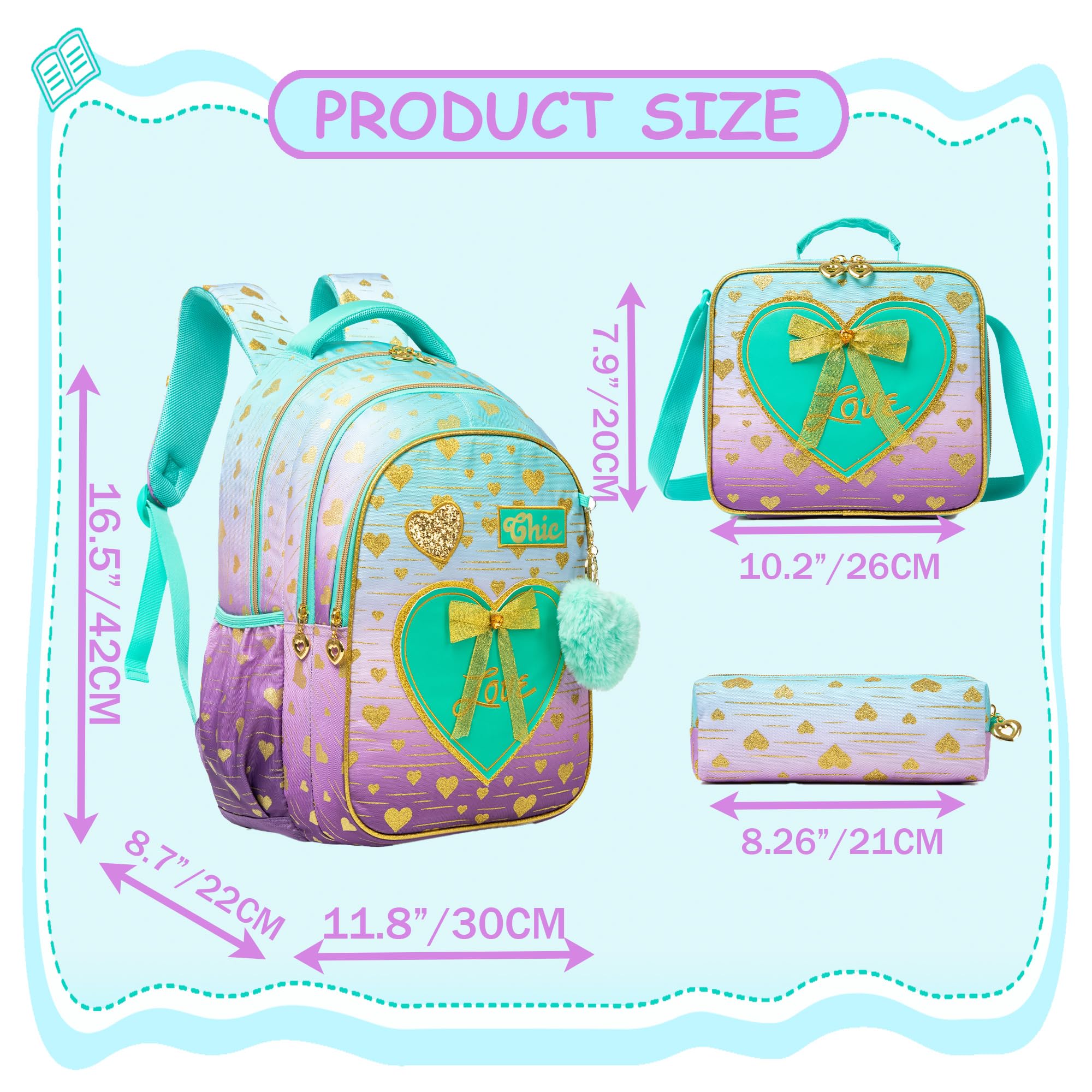 Meetbelify Girls Backpack for School - Durable Canvas Bookbag with Lunch Box for Elementary Students Ages 8-10 | Lightweight Travel & Laptop Backpack for Kids | Perfect for School, Travel & Daily Use