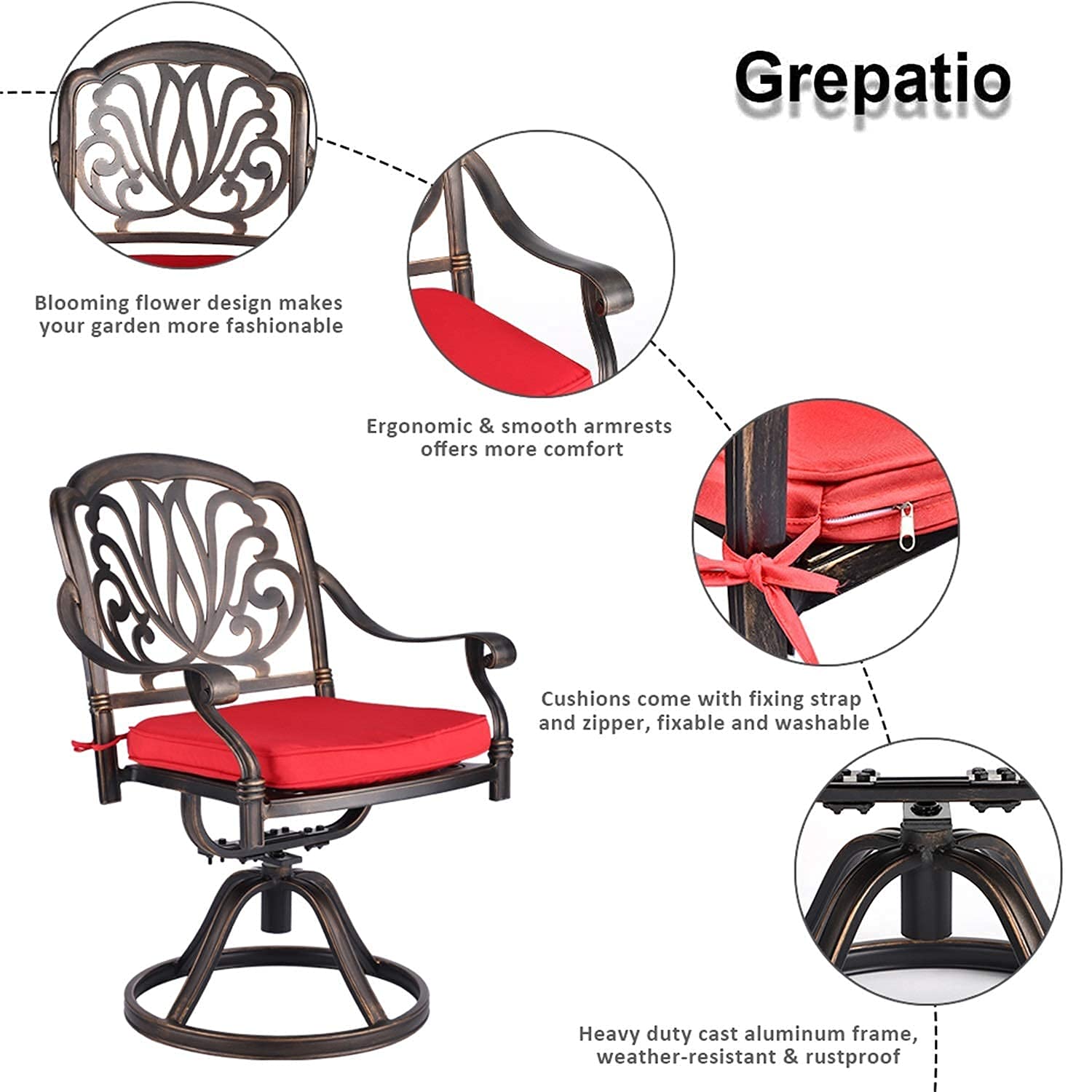 Grepatio 2-Piece Patio Swivel Dining Chairs Set with Cushions - Outdoor Cast Aluminum Rocking Chairs for Garden, Backyard, Poolside - Comfortable Metal Furniture with Red Cushions (Perfect for Lounging, Entertaining & Outdoor Dining)