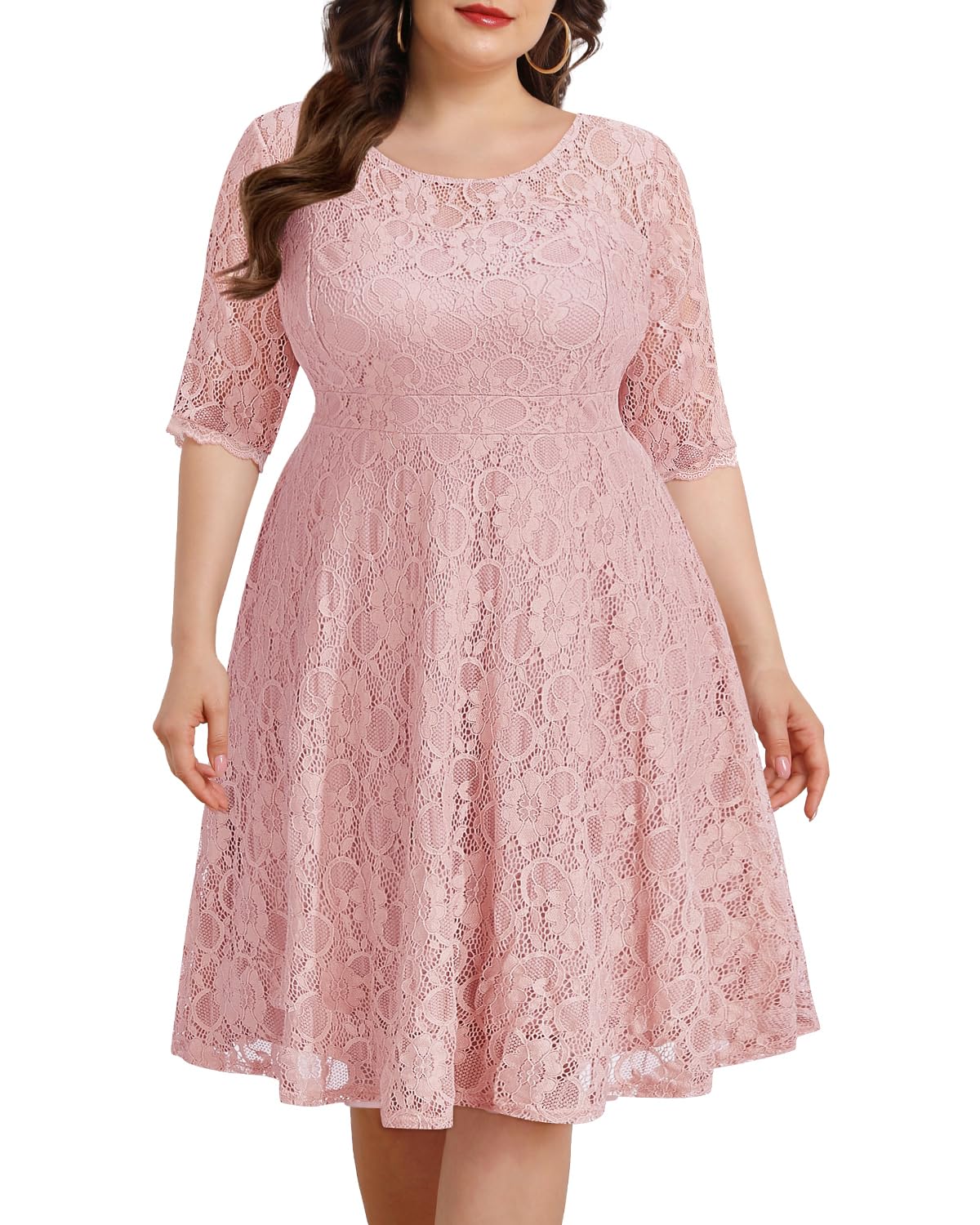 Elegant Plus Size Women's Lace V-Neck Midi Dress for Wedding Guest, Bridal Shower & Cocktail Party - Semi-Formal Occasions & Special Events