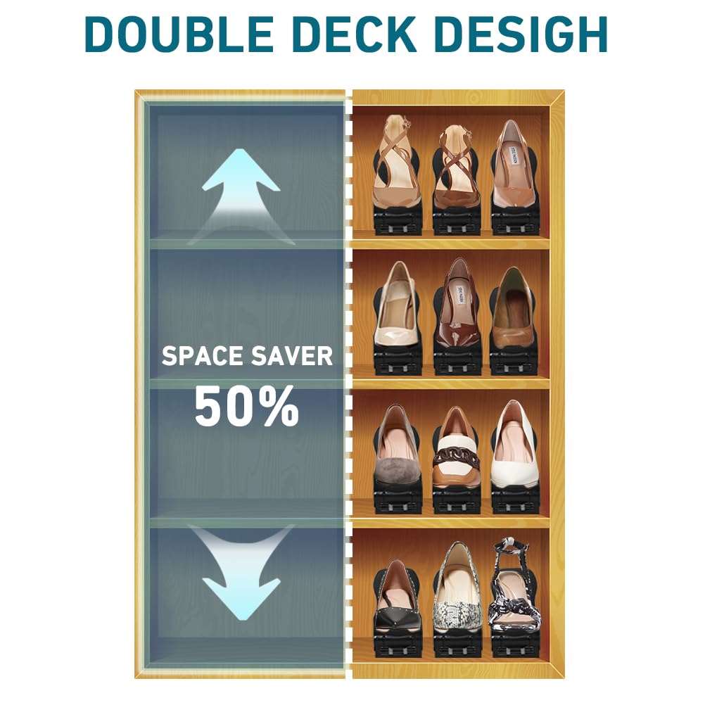 Double Deck Shoe Organizer - No Assembly Required Adjustable Shoe Stacker for Closet Storage (16 Pack, Black) | Space Saving Shoe Rack Holder for Pairs of Shoes | Perfect for Closet Organization & Small Space Storage Solutions