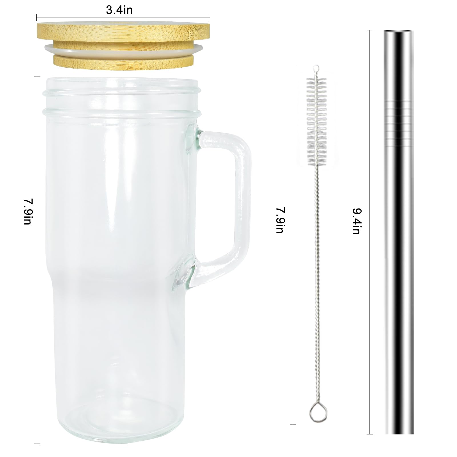 2-Pack 24oz Mason Jar Glass Cups with Bamboo Lids & Straws - Wide Mouth Iced Coffee Tumbler with Handle for Bubble Tea, Smoothie, Beer - Perfect for Travel, Home, Office & Outdoor Use