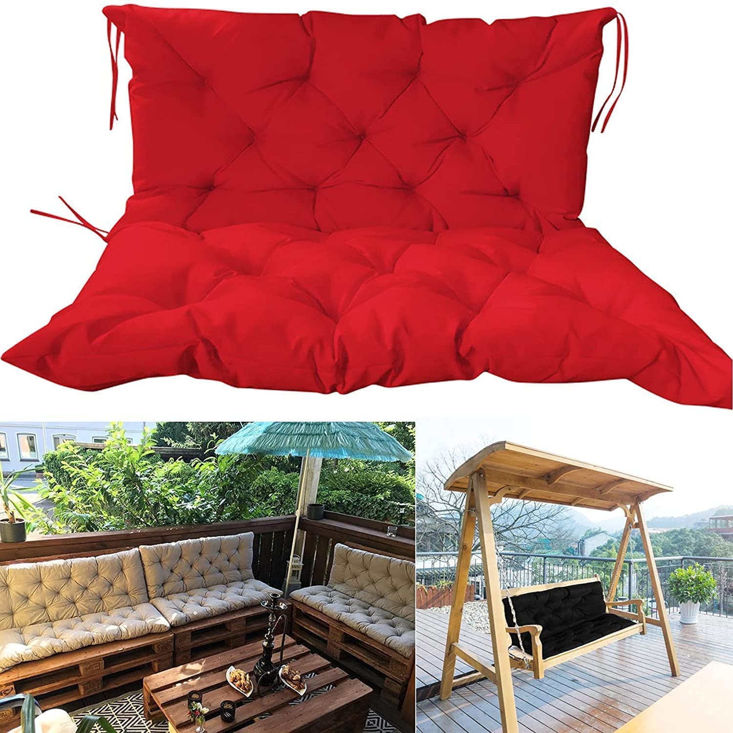 Outdoor Bench Cushions & Garden Swing Seat Cushions with Backrest - 2/3 Seater Replacement Cushion for Patio, Porch & Deck - Waterproof & UV Resistant (Red, 59.06x39.37 Inches) - Perfect for Backyard Relaxation & Outdoor Lounging