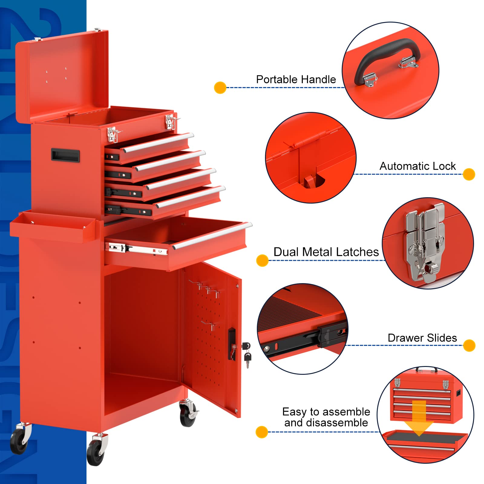5-Drawer Rolling Tool Chest with Wheels - Heavy Duty Removable Tool Box with Storage Tray & Cabinet Organizer for Garage, Workshop, Warehouse (Red) - Perfect for Mechanics, DIY Enthusiasts & Professional Tradesmen