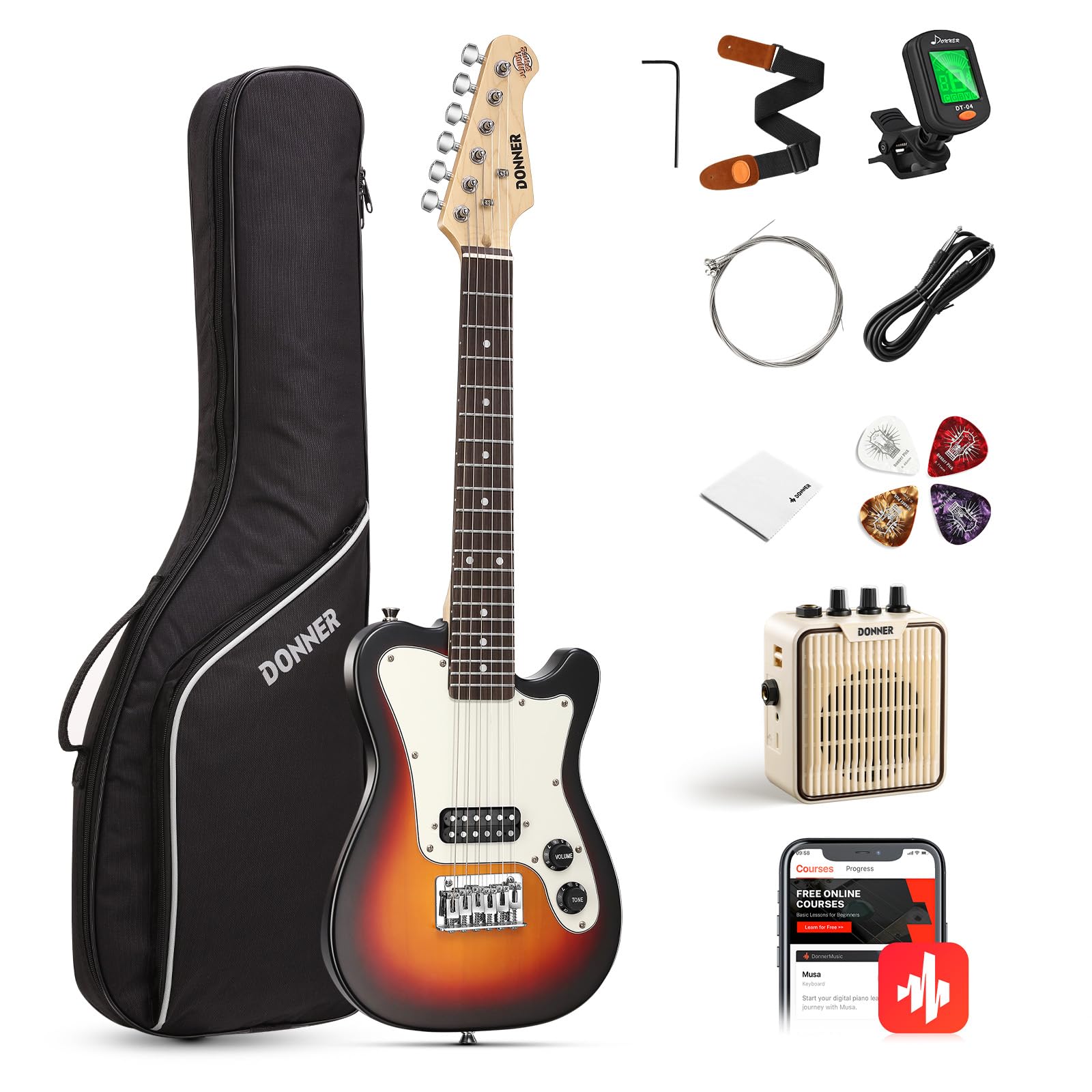 Donner 30 Inch Kids Electric Guitar Beginner Kit - Mini TL Style Electric Guitar with Amp, 600D Gig Bag, Tuner, Picks, Cable, Strap & Extra Strings (DTJ-100S Sunburst) - Perfect for Kids Learning, Practice & Home Performances