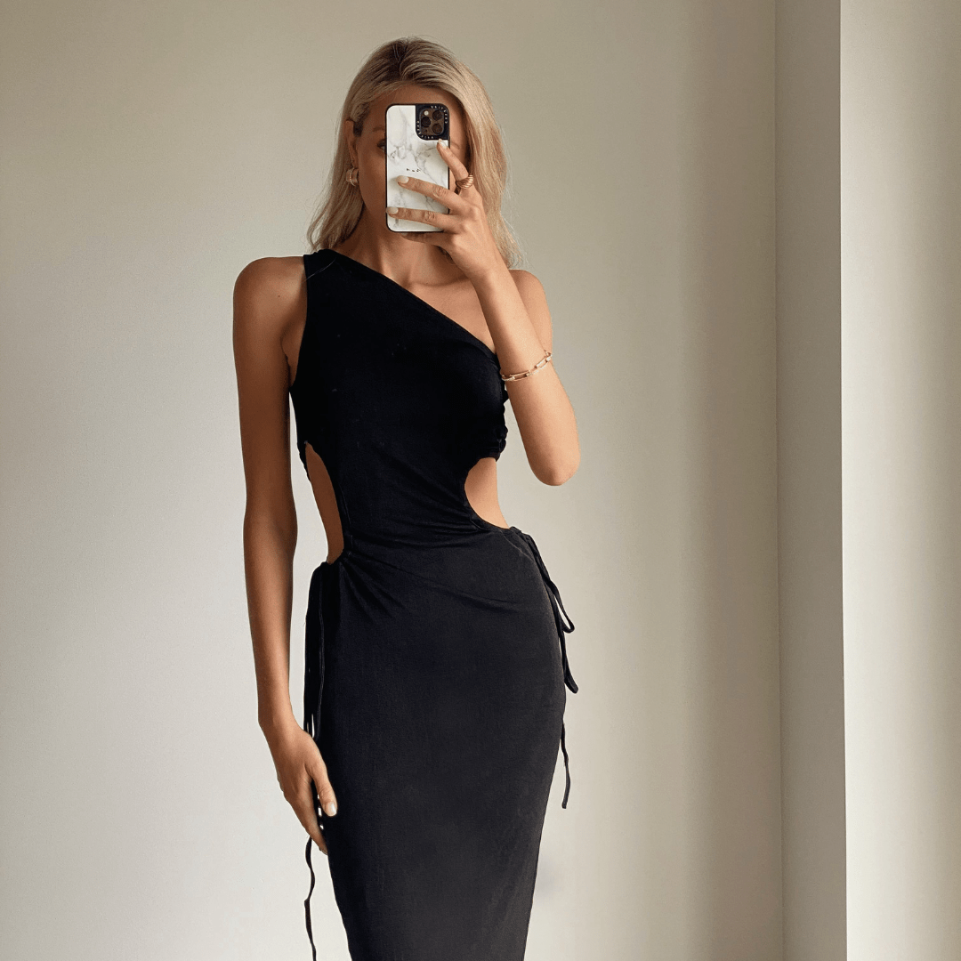 BAILEY Black One Shoulder Side Cut Out Maxi Dress for Women - Elegant Evening Gown for Parties, Weddings & Special Occasions