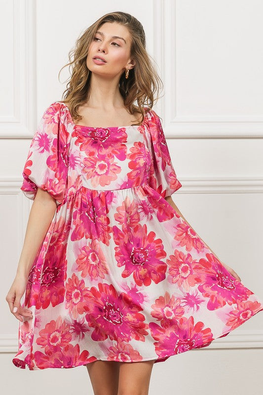 Pink Floral Square Neck Puff Sleeve Mini Summer Dress - Women's Flowy Casual Sundress for Beach, Vacation & Date Night