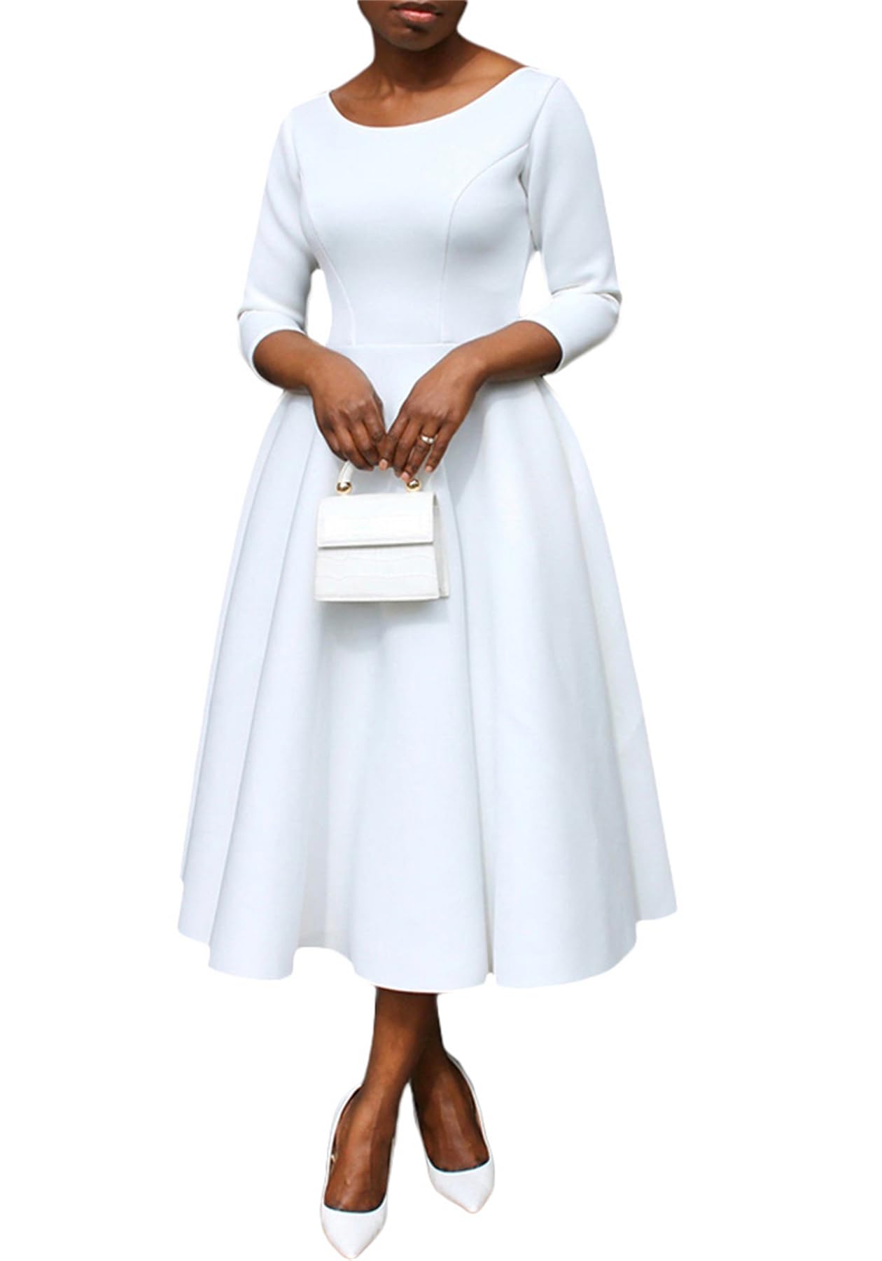 Elegant Women's Formal Maxi Dress for Fall 2023 | 3/4 Sleeve U-Neck Solid Color Swing Dress with Pockets | Perfect for Wedding Guest, Party & Office Wear