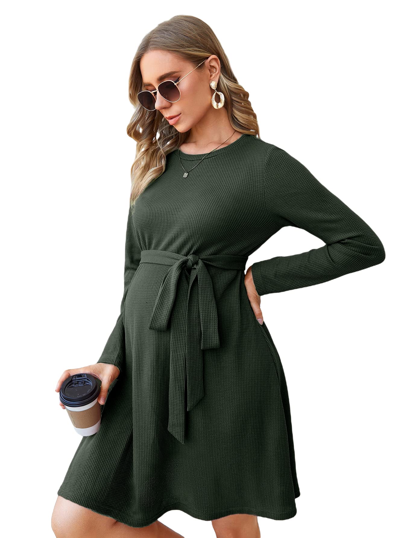 OYOANGLE Women's Maternity Dress - Soft Waffle Knit Long Sleeve Crew Neck Mini Dress with Belt, A-Line Casual Pregnancy Outfit for Work, Date Night & Baby Shower