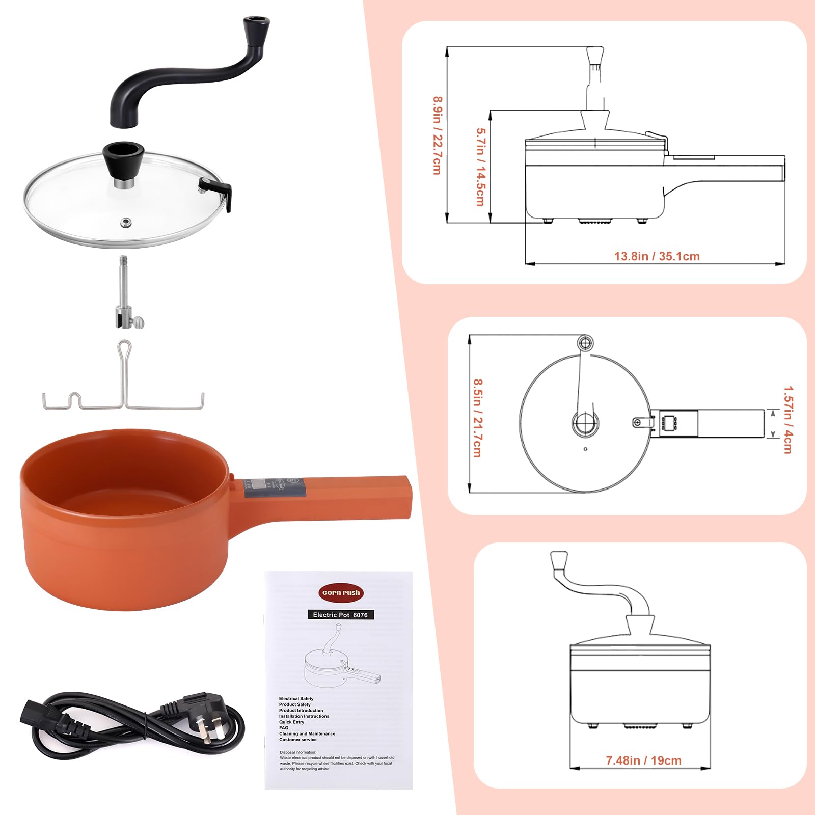 Upgraded 1L Multifunctional Electric Hot Pot Cooker - Non-Stick Stainless Steel Mini Portable Ramen Popcorn Maker with Adjustable Temperature & Long Handle for Steak, Egg Soup | Perfect for Camping, Travel & Dorm Cooking (Orange)