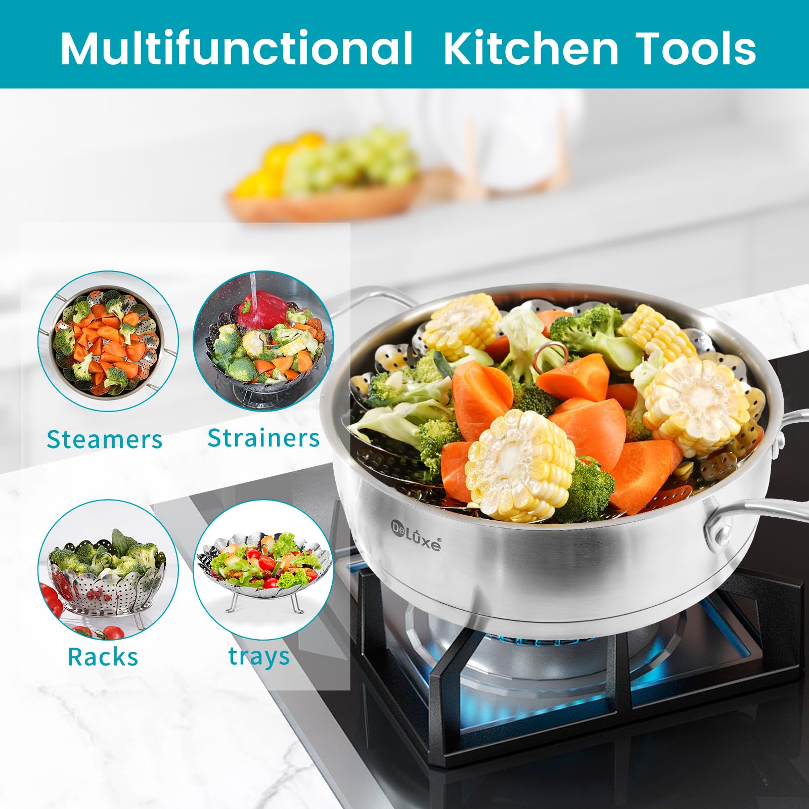 Premium Stainless Steel Collapsible Vegetable Steamer Basket - Expandable Food Steamer Rack for Instant Pot 3/6/8 Qt Pots (5.3-9.5 Inches) - Perfect for Healthy Cooking, Meal Prep & Steaming Veggies, Dumplings, Seafood