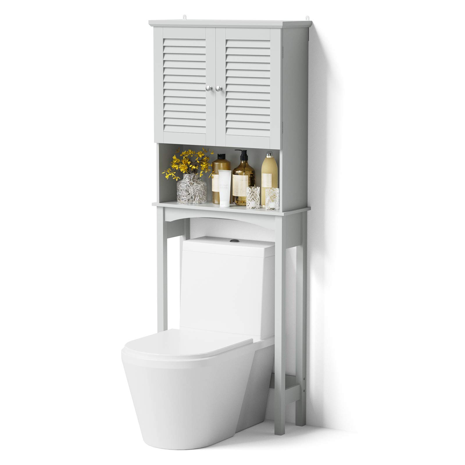 SRIWATANA Over The Toilet Storage Cabinet - Adjustable Bathroom Organizer Shelf with Space Saving Design, Grey - Perfect for Small Bathrooms, Apartments & Tight Spaces