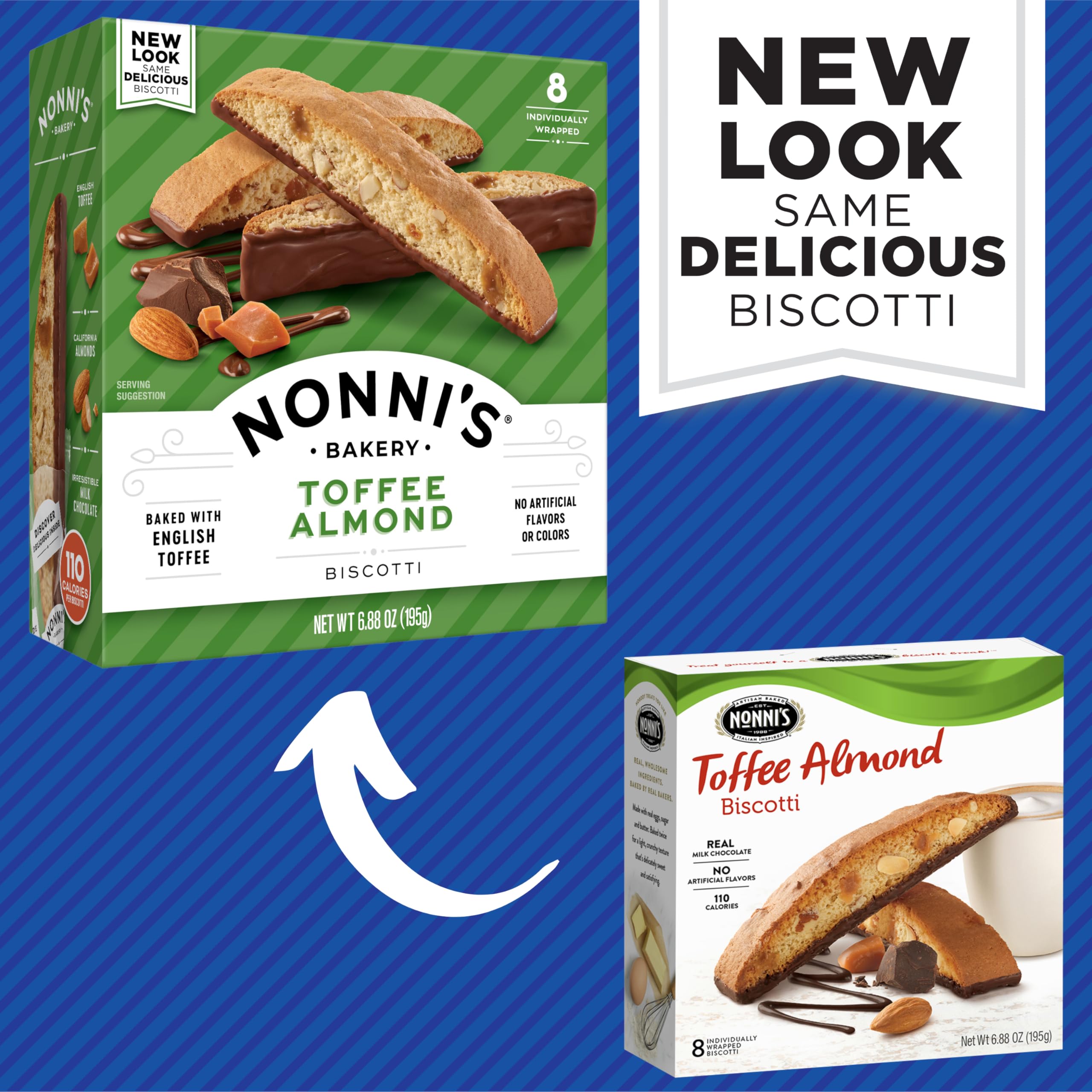 Nonni's Toffee Almond Biscotti Italian Cookies - 6 Pack (6.88 oz Each) - Milk Chocolate Dipped Biscotti with English Toffee & Almond Bits - Individually Wrapped for Freshness - Perfect for Coffee Pairing, Gift Giving & Dessert Platters