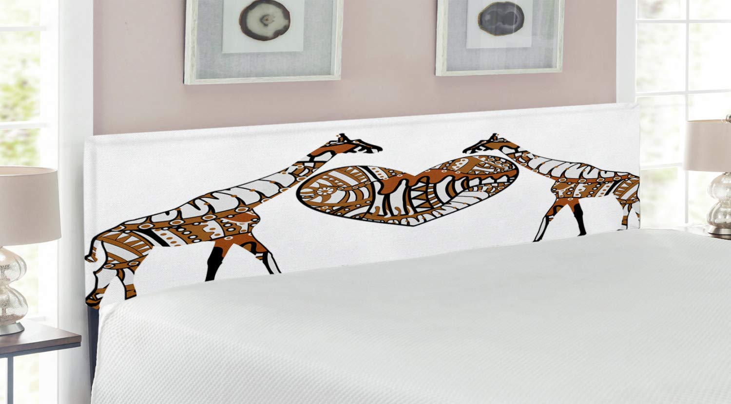 Ambesonne African Bohemian Headboard - King Size Upholstered Metal Bed Frame with Memory Foam, Giraffe Love Heart Nature Print in Brown & White | Perfect for Master Bedroom, Guest Room & Bohemian Home Decor