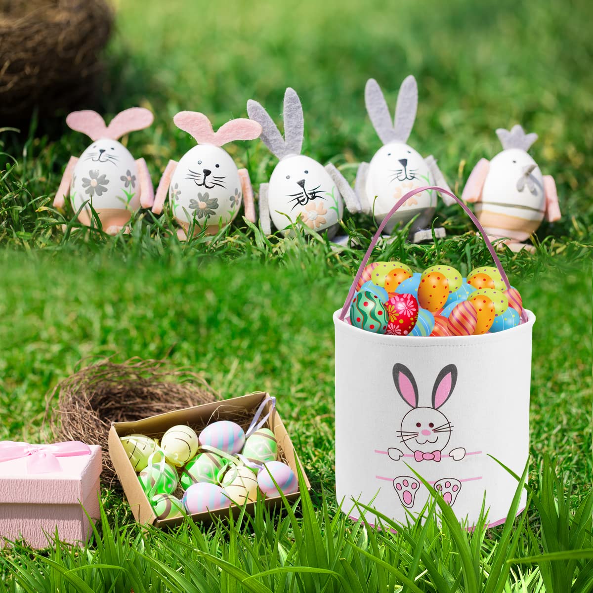Easter Bunny Basket Bags for Kids - Personalized Cotton Canvas Easter Egg Hunt Bags with Cute Rabbit Print - Perfect for Easter Egg Hunts, Candy Collection, and Gift Giving (Pink)