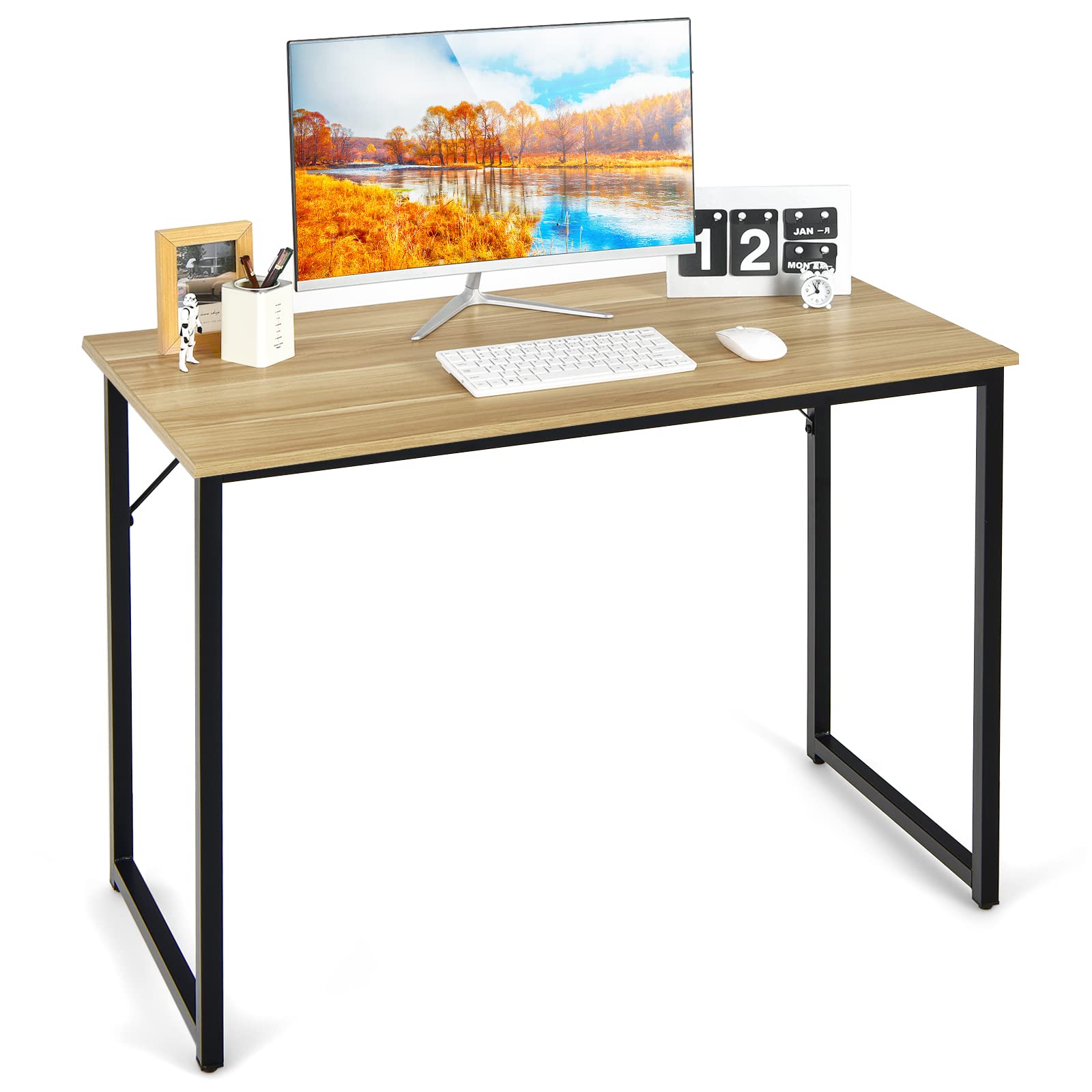 Tangkula Sturdy Computer Desk - Heavy Duty Steel Frame Study Writing Desk, Modern Simple Style Laptop Table for Home Office & Small Spaces, Easy Assembly (Natural Wood Finish) - Perfect for Remote Work, Online Classes & Home Office Setup