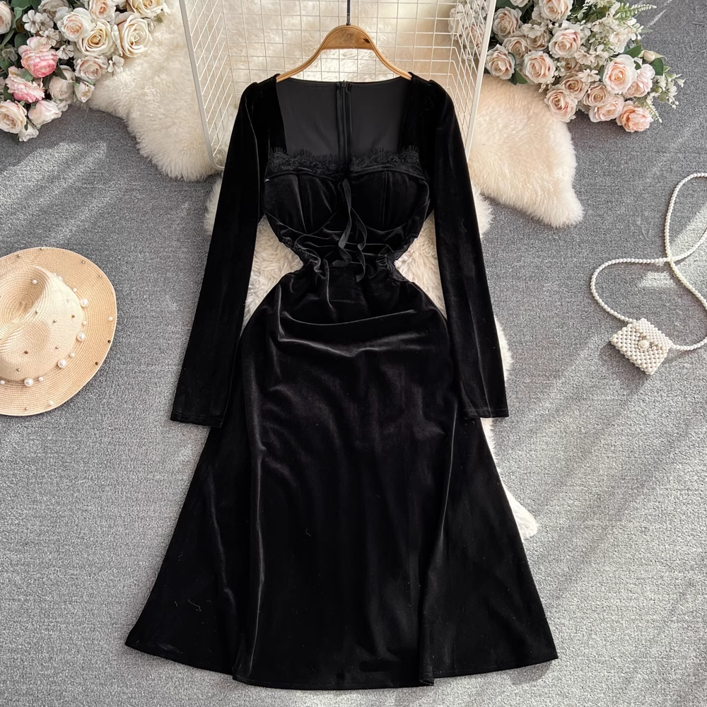 Elegant Long Sleeve Velvet A-Line Dress with Square Neckline | Fall Winter Women's Fashion | Perfect for Holiday Parties, Weddings & Office Wear
