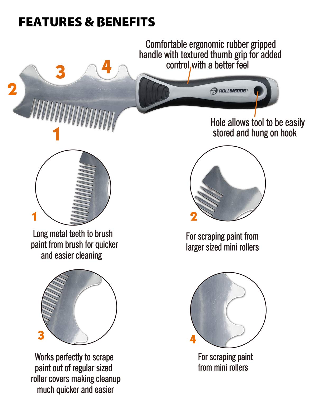 ROLLINGDOG 4-in-1 Paint Brush Comb - Professional Paint Brush & Roller Cleaner Tool for Artists & DIY Home Painting Projects - Perfect for Acrylic, Oil & Watercolor Paint Cleaning