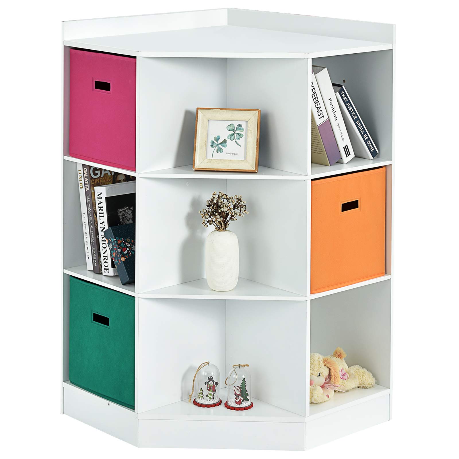 HONEY JOY 9-Cubby Wooden Kids Toy Storage Organizer with Display Shelf & 3 Removable Baskets - Corner Toy Bin Cabinet for Playroom, Nursery, Daycare & Kids Bedroom Organization (White) - Perfect for Small Spaces & Montessori Play Areas