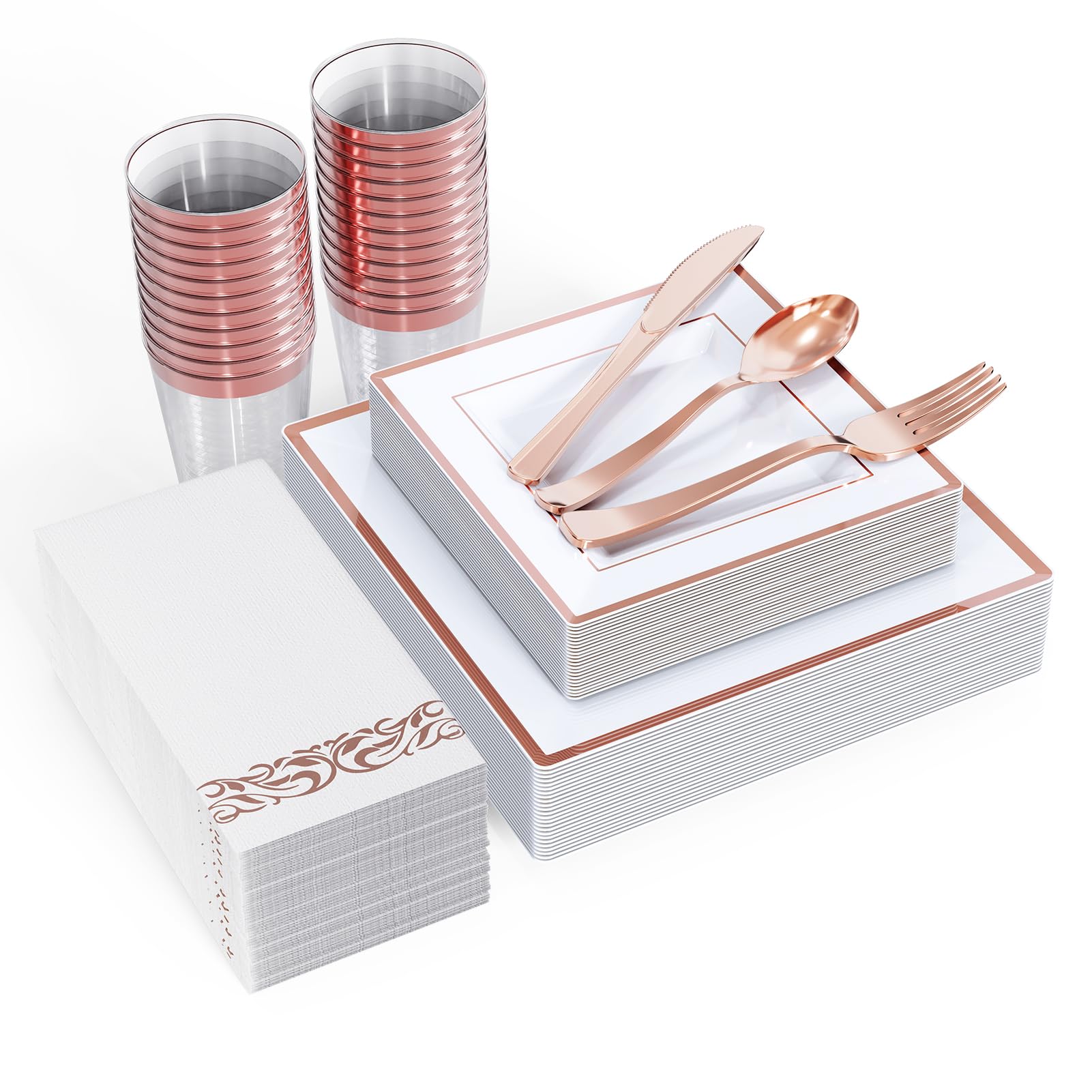 175-Piece Rose Gold Disposable Dinnerware Set for 25 Guests - Elegant Square Plastic Plates with Metallic Rim - Includes 25 Dinner Plates, Dessert Plates, Napkins, Cups & Silverware - Perfect for Weddings, Parties & Special Events