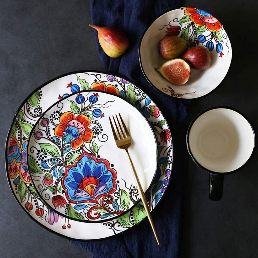 Vintage Hand-Painted Ceramic Dinner Set - 4 Piece Colorful Floral Porcelain Plates, Salad Bowls & Mugs with Unique Irregular Design | Perfect for Boho Kitchen Decor, Dinner Parties & Gift Giving