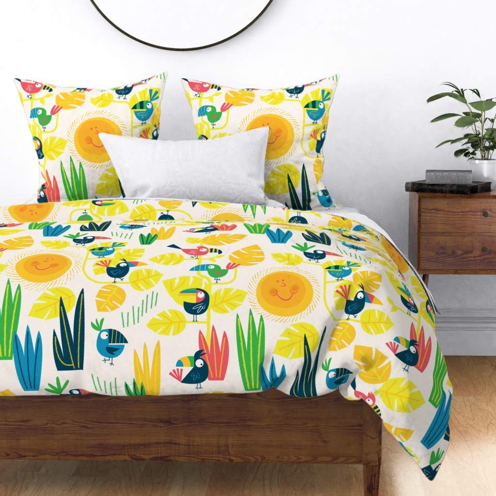 Toucan Tropical Bohemian Duvet Cover - Full/Queen Cotton Sateen Custom Bedding with Palm Leaves & Bird Print | Perfect for Bohemian Bedroom Decor, Guest Room Makeover & Tropical Theme Nursery