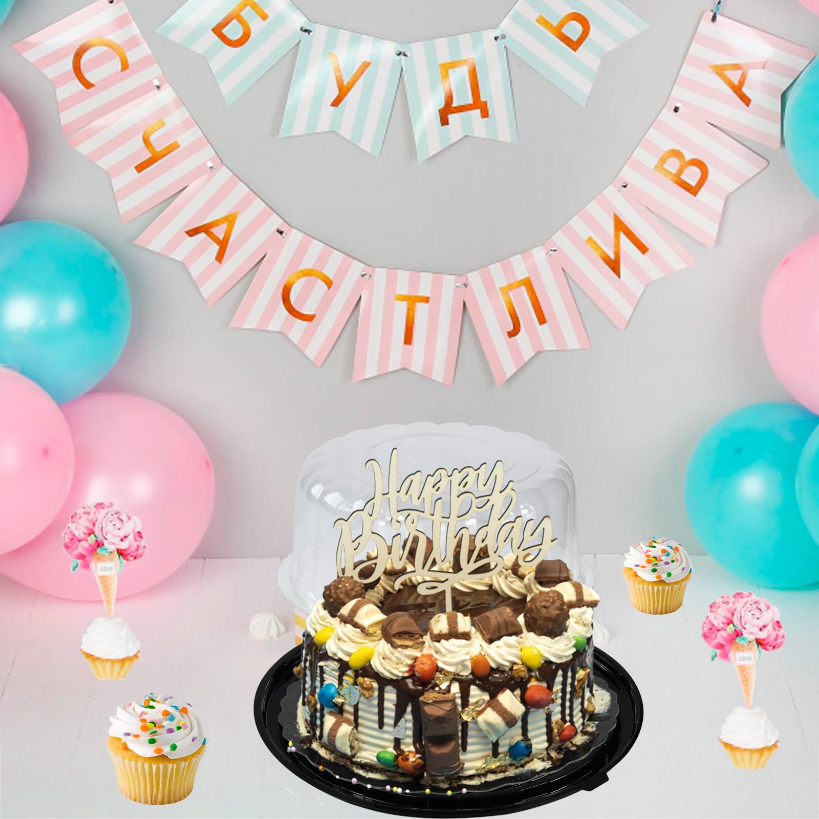 FEOOWV 5-Piece Round Plastic Cake Carrier Set - 10 Inch Clear Disposable Cake Containers with Dome Lids & Cake Boards - Perfect for Birthday Parties, Wedding Cakes & Bakery Transport