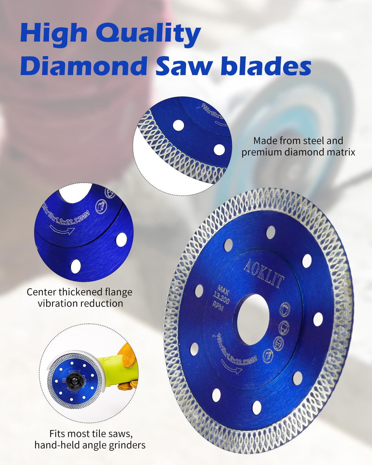 4.5 Inch Super Thin Diamond Tile Blade - 10 Pack Premium Diamond Cutting Blades for Angle Grinder - Perfect for Porcelain, Granite & Marble Tiles (Blue) - Ideal for DIY Home Renovation, Tile Installation & Professional Construction Projects