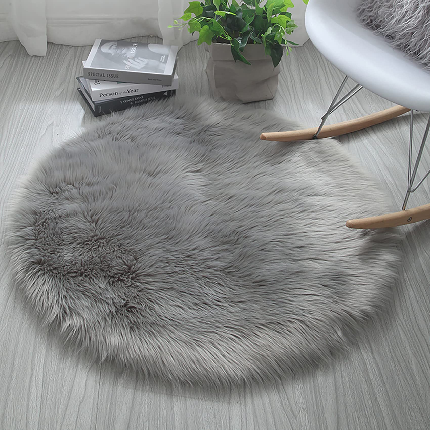 ZYBCQL Ultra Soft Round Faux Fur Area Rug - Grey Circular Shaggy Plush Carpet for Bedroom & Living Room Floor Decor (39 inch/100cm Diameter) | Cozy Home Accent, Perfect for Nursery, Dorm & Lounge Areas