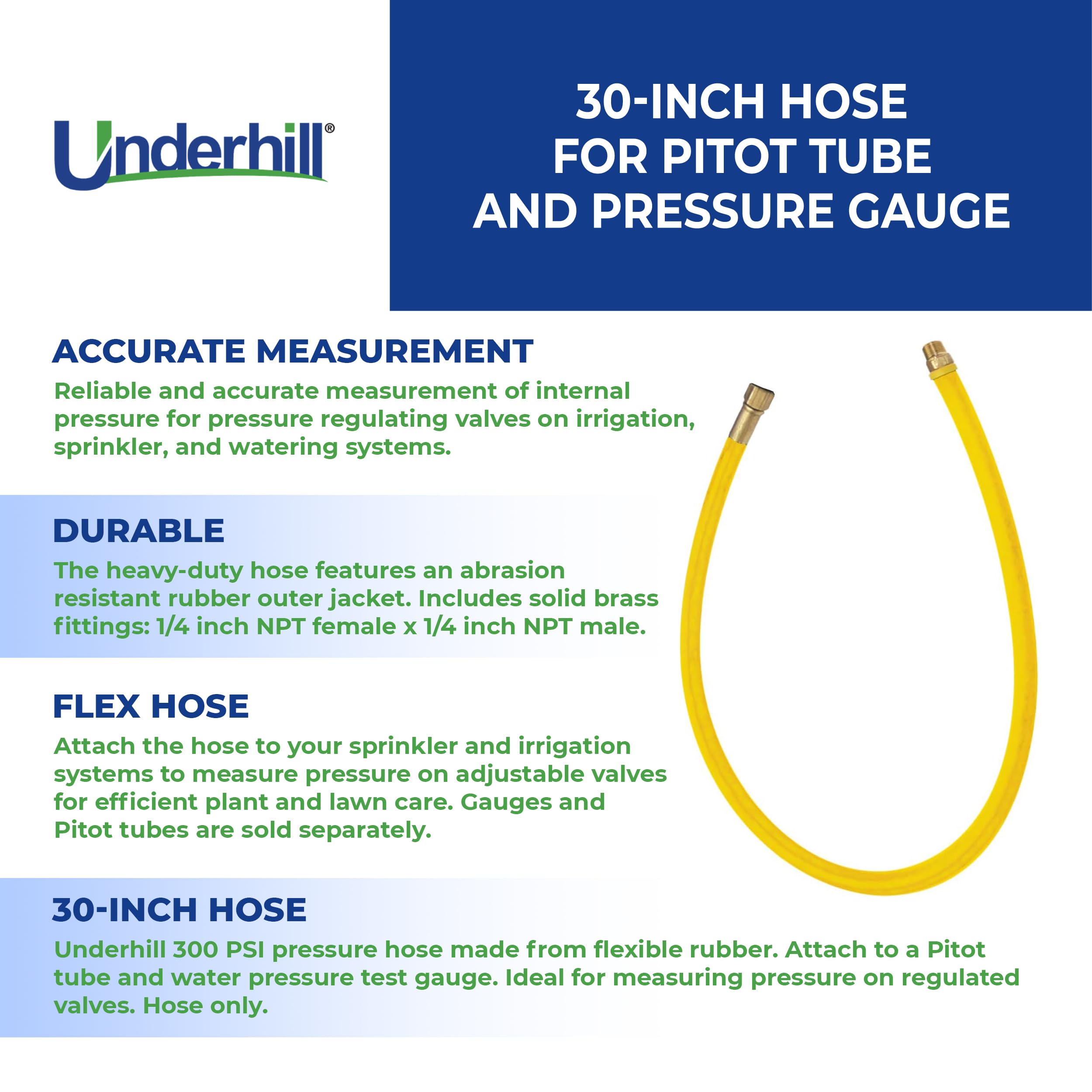 **Underhill 30-Inch High Pressure Rubber Hose for Pitot Tube & Water Pressure Gauge (300 PSI) - Durable Tester Hose for Outdoor Garden, Irrigation System, Plumbing & HVAC - Bright Yellow for Easy Visibility**    *(Perfect for Measuring Water Flow, Checking Irrigation Pressure, and Testing HVAC Systems in Residential & Commercial Applications)*