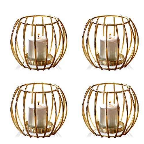 XD Designs 4-Piece Gold Metal Tealight Candle Holder Set - Hollow Iron Decorative Lanterns for Home Decor, Wedding Centerpieces, Party & Living Room Ambiance Lighting