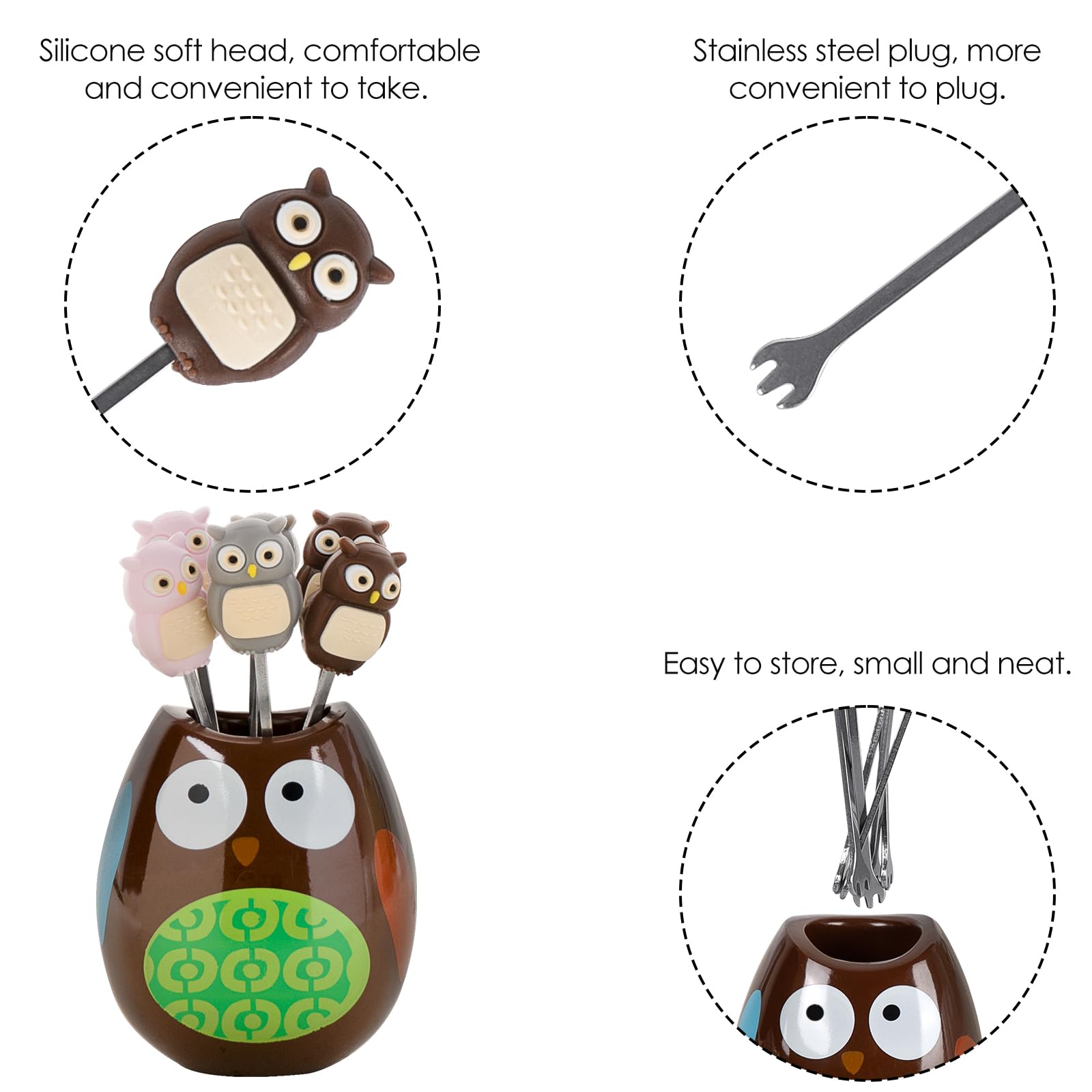 SHIDOW Cute Animal Fruit Forks Set - Stainless Steel Food Picks with Ceramic Owl Holder - Perfect for Party Decorations, Fruit Platters, and Kids Snack Time