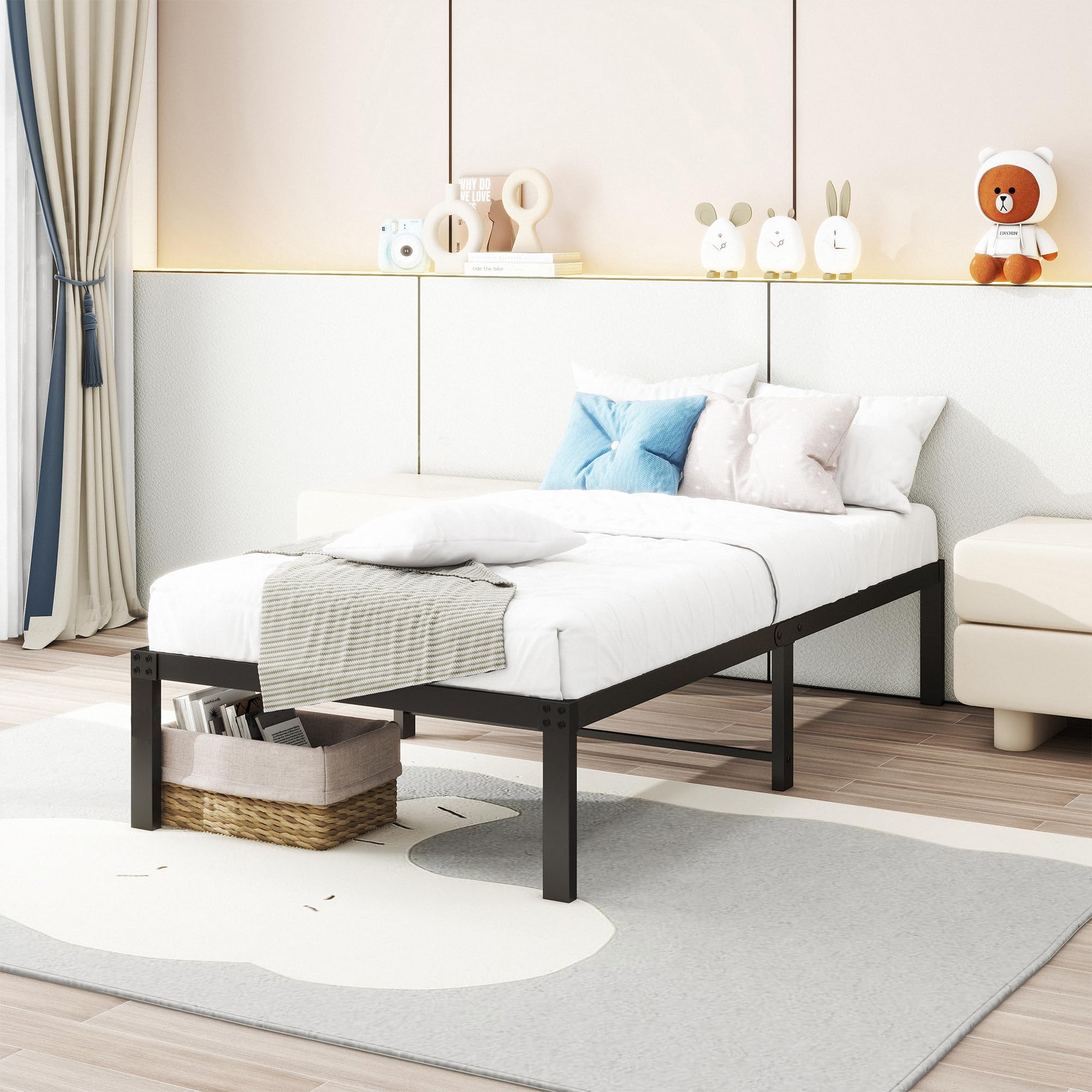 14 Inch Twin Bed Frame - Heavy Duty Metal Platform Bed with Storage, No Box Spring Needed, Double Reinforcement & Noise Free - Textured Black - Perfect for Kids, Teens, Guest Rooms & Small Spaces
