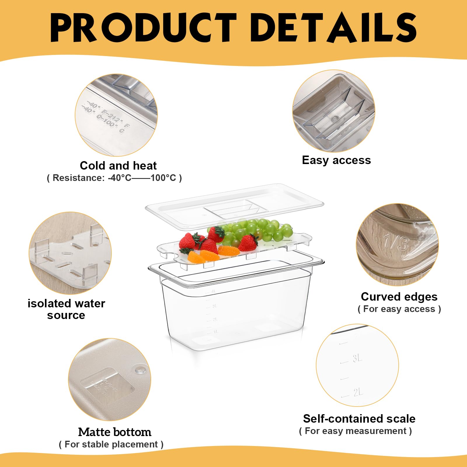 Sunnyray 6-Pack 1/3 Size Clear Polycarbonate Food Storage Containers with Lids & Drain Shelf - 6 Inch Deep Square Kitchen Organizers for Restaurants, Meal Prep, Fruits & Vegetables Storage
