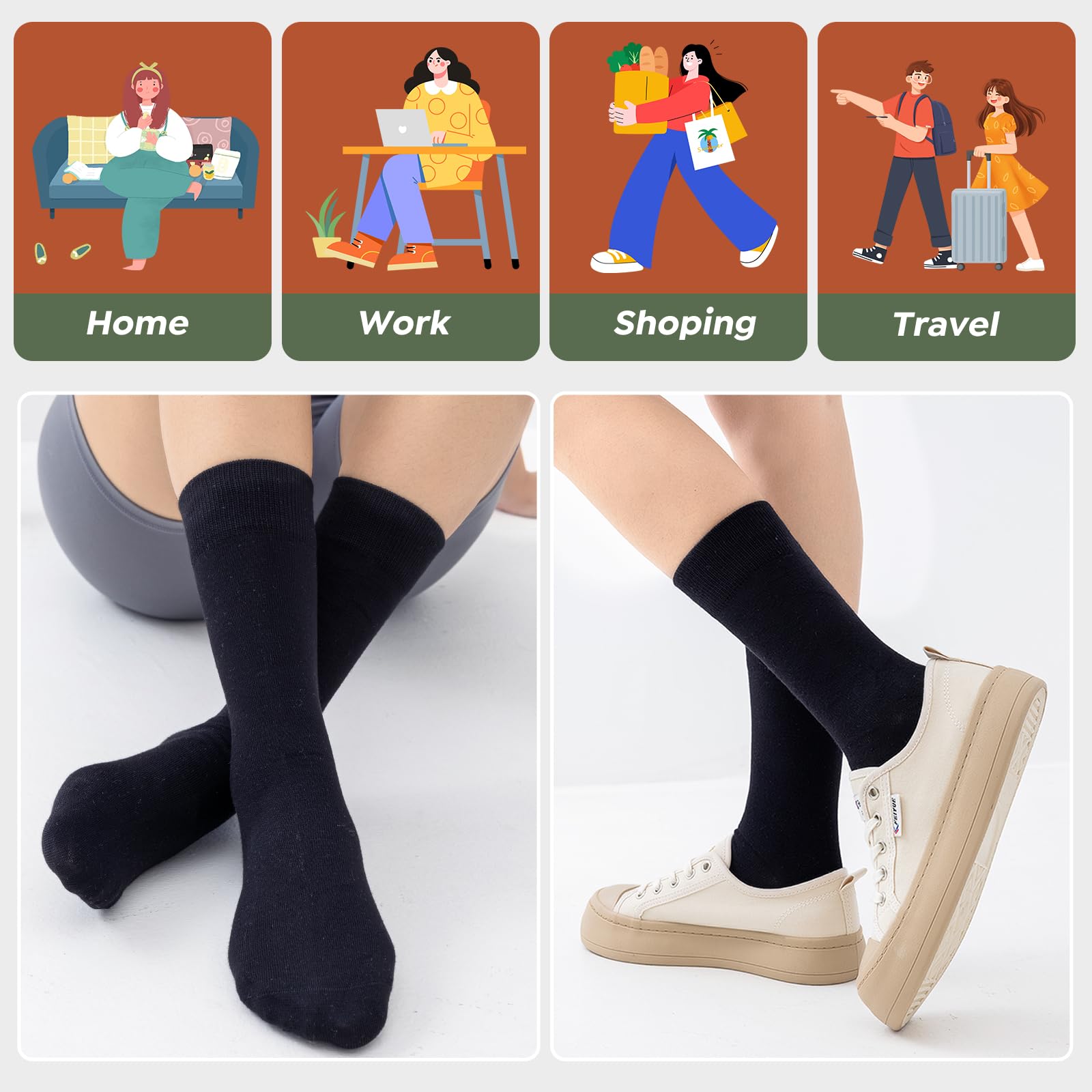 Women's Bamboo Rayon Crew Socks - Soft & Breathable for Work & Casual Wear