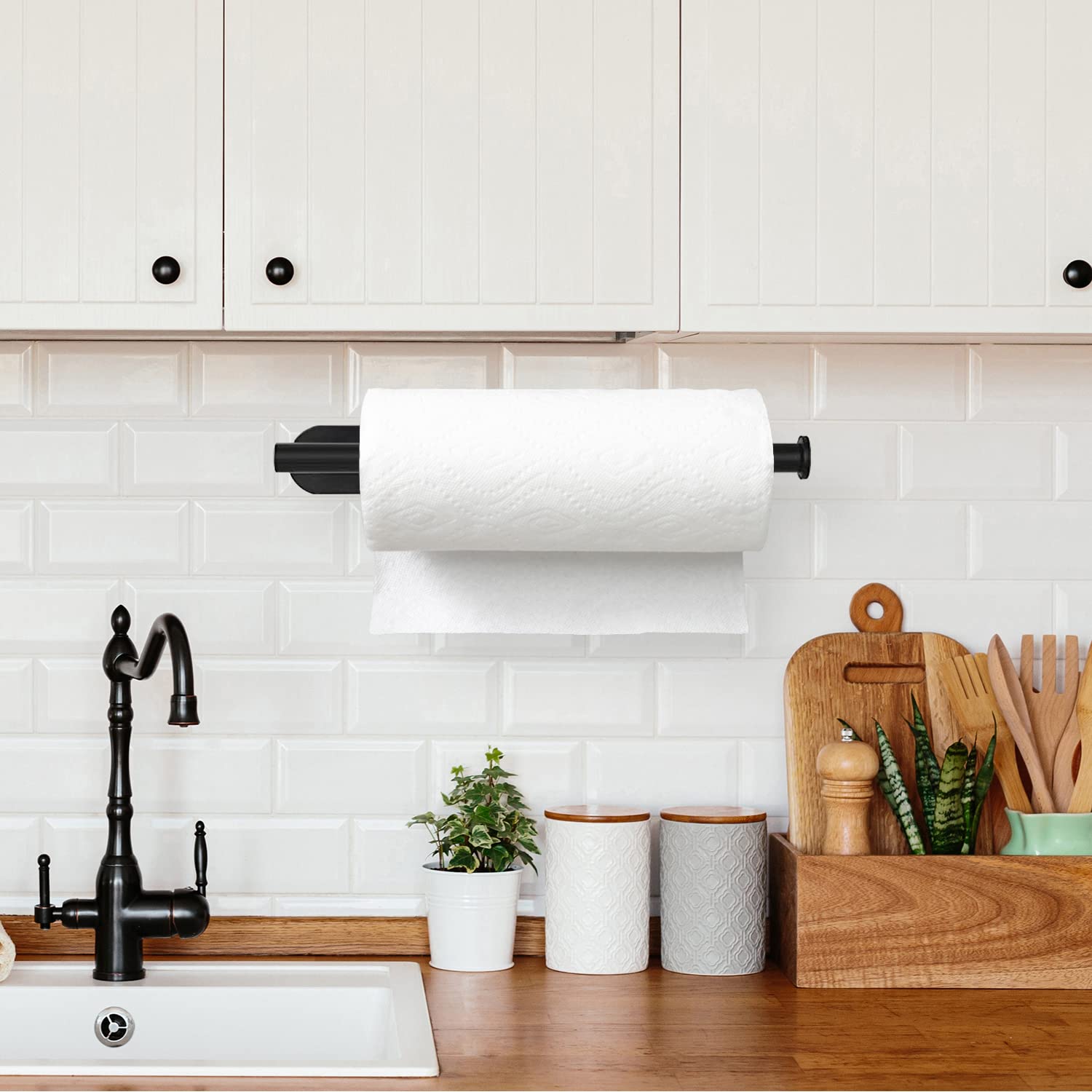 Gewtur Under Cabinet Kitchen Roll Paper Holder - Matte Black Stainless Steel Wall Mounted Towel Dispenser with Self Adhesive for RV, Pantry, Bathroom | Space-Saving Solution for Compact Kitchens, Campers & Small Spaces