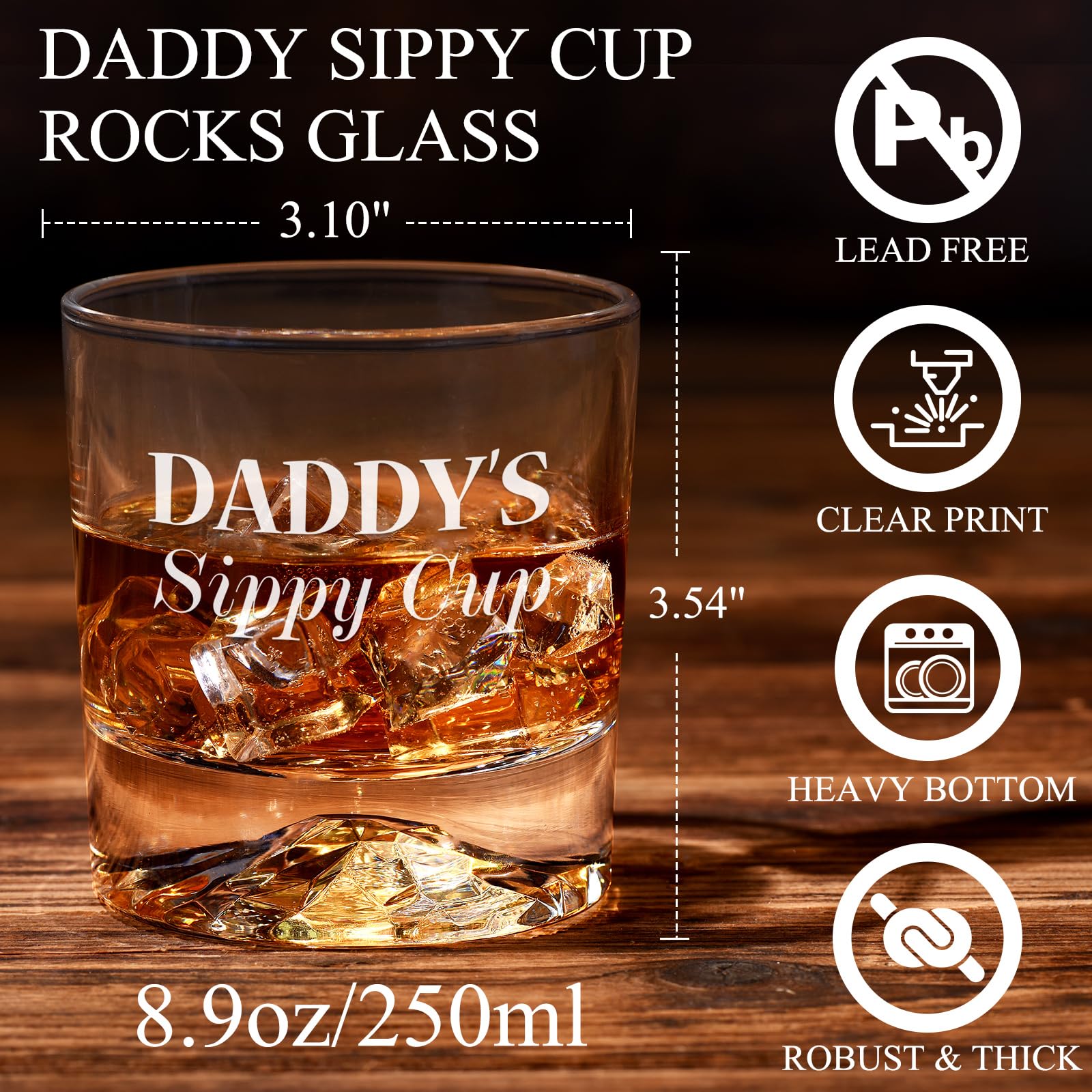 PONPUR Whiskey Glass Gift Set for Dad - Includes 4 Whiskey Stones & Wooden Box - Funny Birthday Gifts for New Dad, Husband, or Him - Perfect Christmas Stocking Stuffer - Ideal for Father's Day, Anniversary, or Whiskey Lovers' Special Occasions