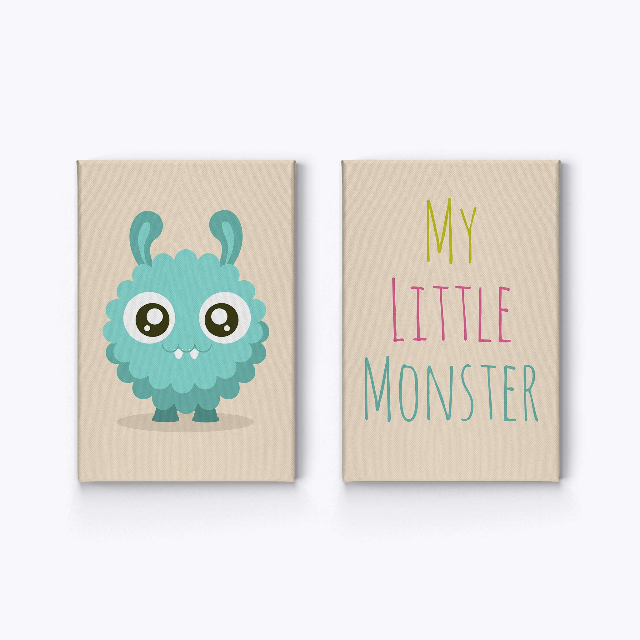Smile Art Design - 2 Piece Canvas Print Set with Lovely Blue My Little Monster Lettering on Cream Background | Kids Room Decor, Wall Art for Baby Boy & Girl Nursery | Ready to Hang, Made in USA (40x30 inches) - Perfect for Children's Bedrooms, Playrooms & Birthday Gifts
