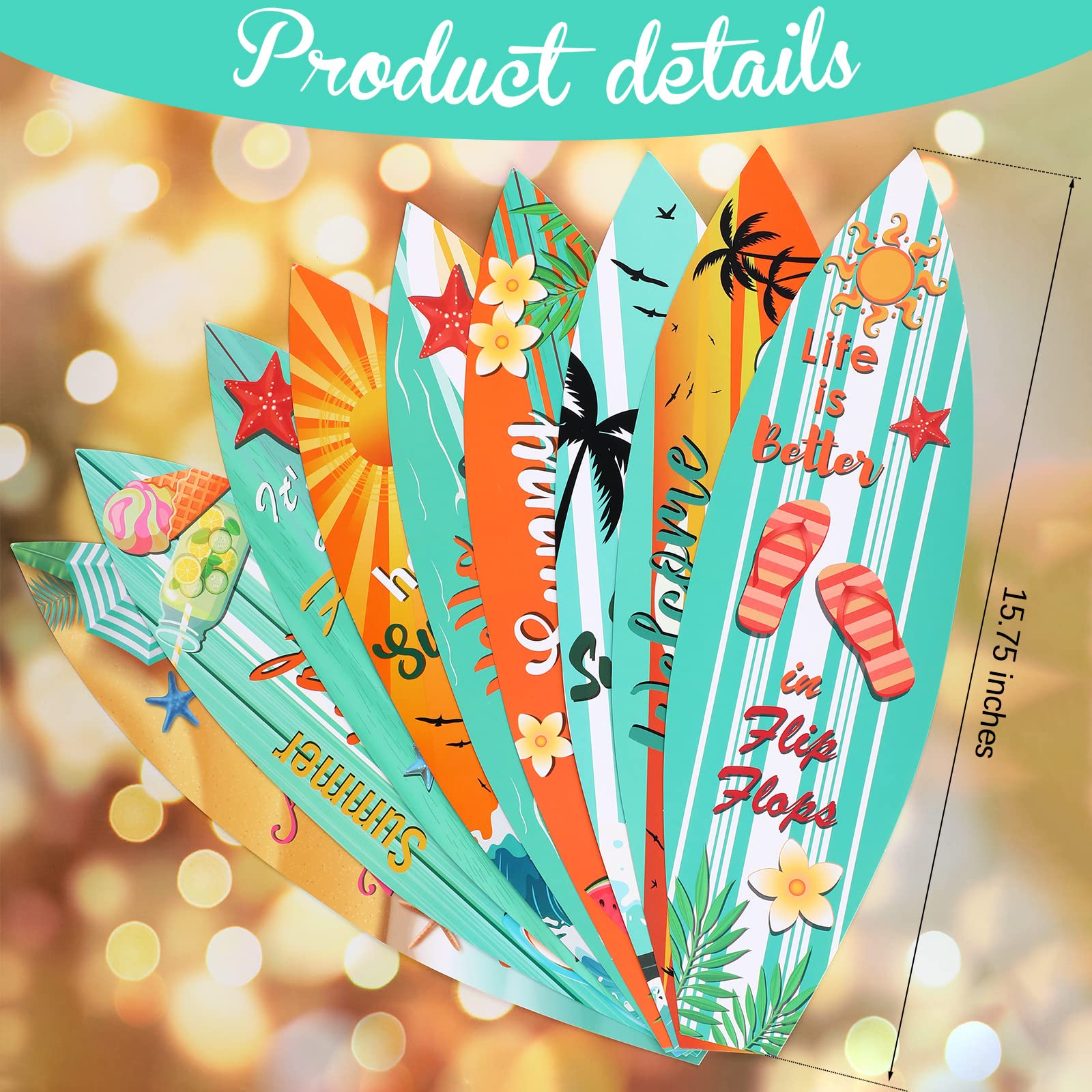 9 Pcs Surfboard Beach Signs Cutouts - Tropical Hawaii Party Decorations, Summer Luau Pool Party Supplies, Paper Wall Decor for Beach Bar & Welcome to Paradise Theme - Perfect for Backyard BBQ, Tiki Party & Vacation Vibes