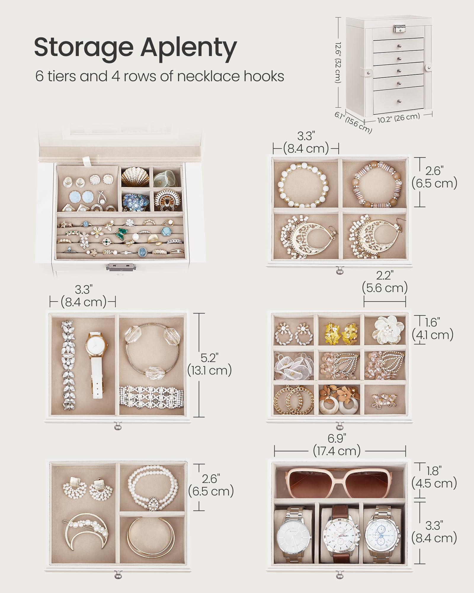 SONGMICS 6-Tier Jewelry Organizer Box with Mirror & Lock - 5 Drawer Large Capacity Watch & Jewelry Storage Case, Perfect Gift for Women - Ideal for Bedroom Vanity, Travel & Wedding Jewelry Organization (White UJBC152W01)
