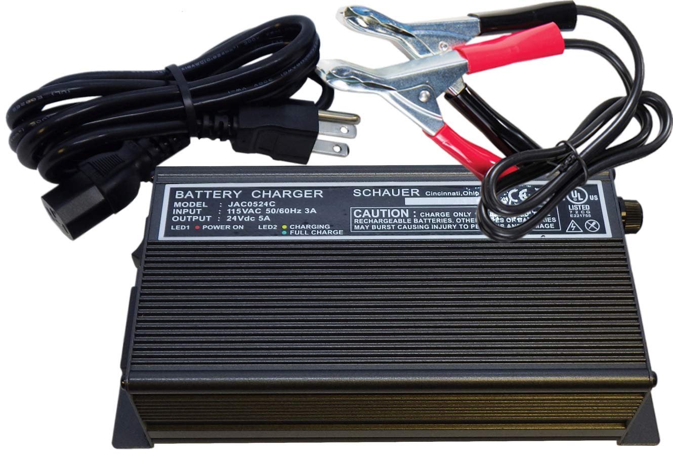 Schauer JAC0524 24V 5A Battery Charger with Alligator Clips - Fast Charging for Cars, Boats, Motorcycles & Power Equipment