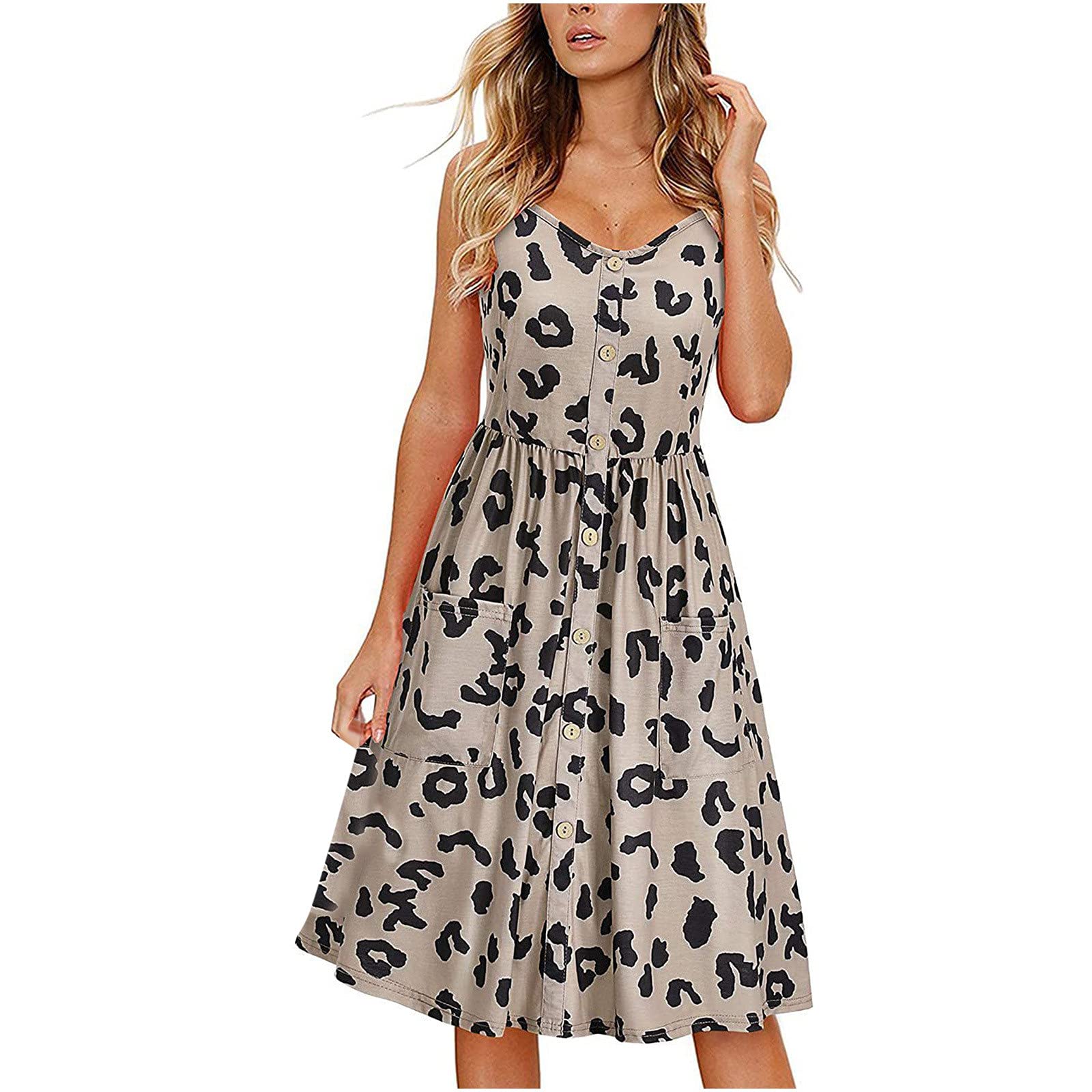 Women's Floral Sunflower Summer Dress - Casual Spaghetti Strap Button Down Swing Midi Dress with Pockets | Perfect for Beach Vacations, Date Nights & Outdoor Brunch