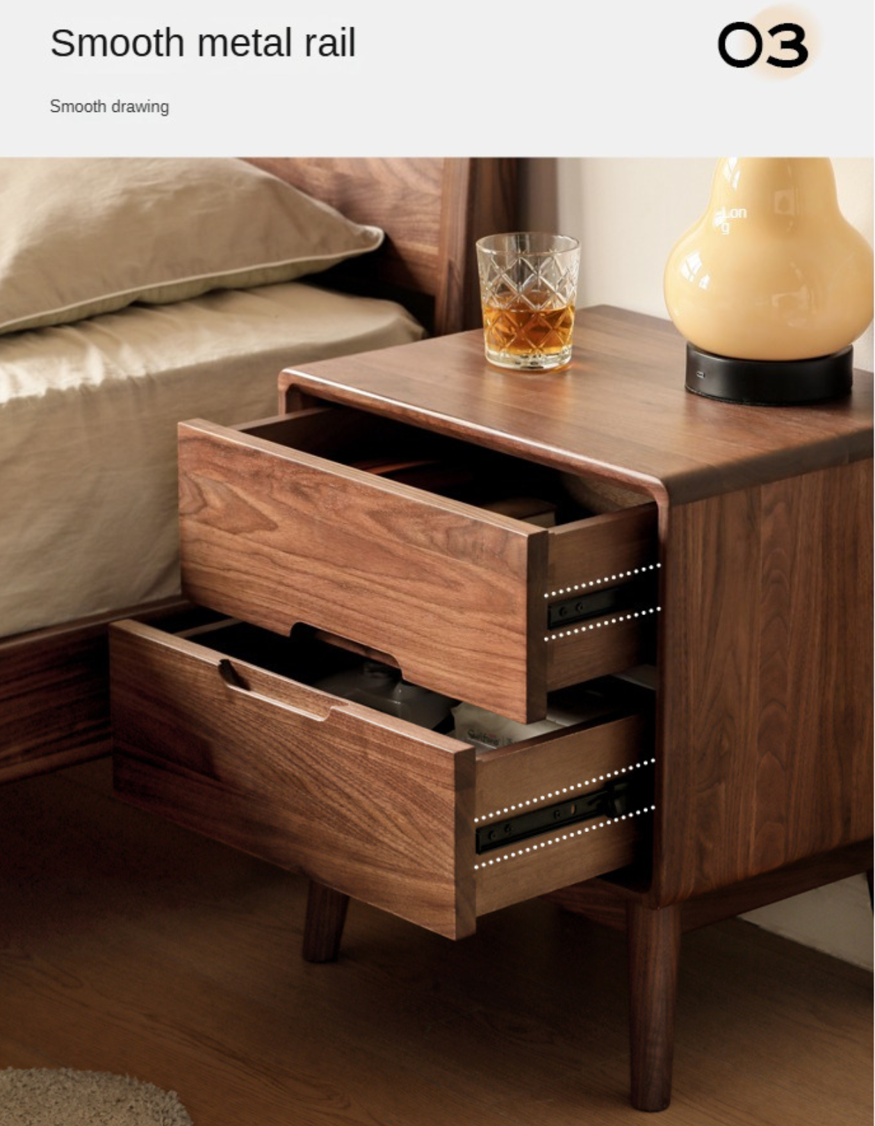 Premium Black Walnut Solid Wood Nightstand with Storage - Modern Bedside Table for Bedroom, Living Room & Guest Room - Durable & Stylish Furniture for Home Decor